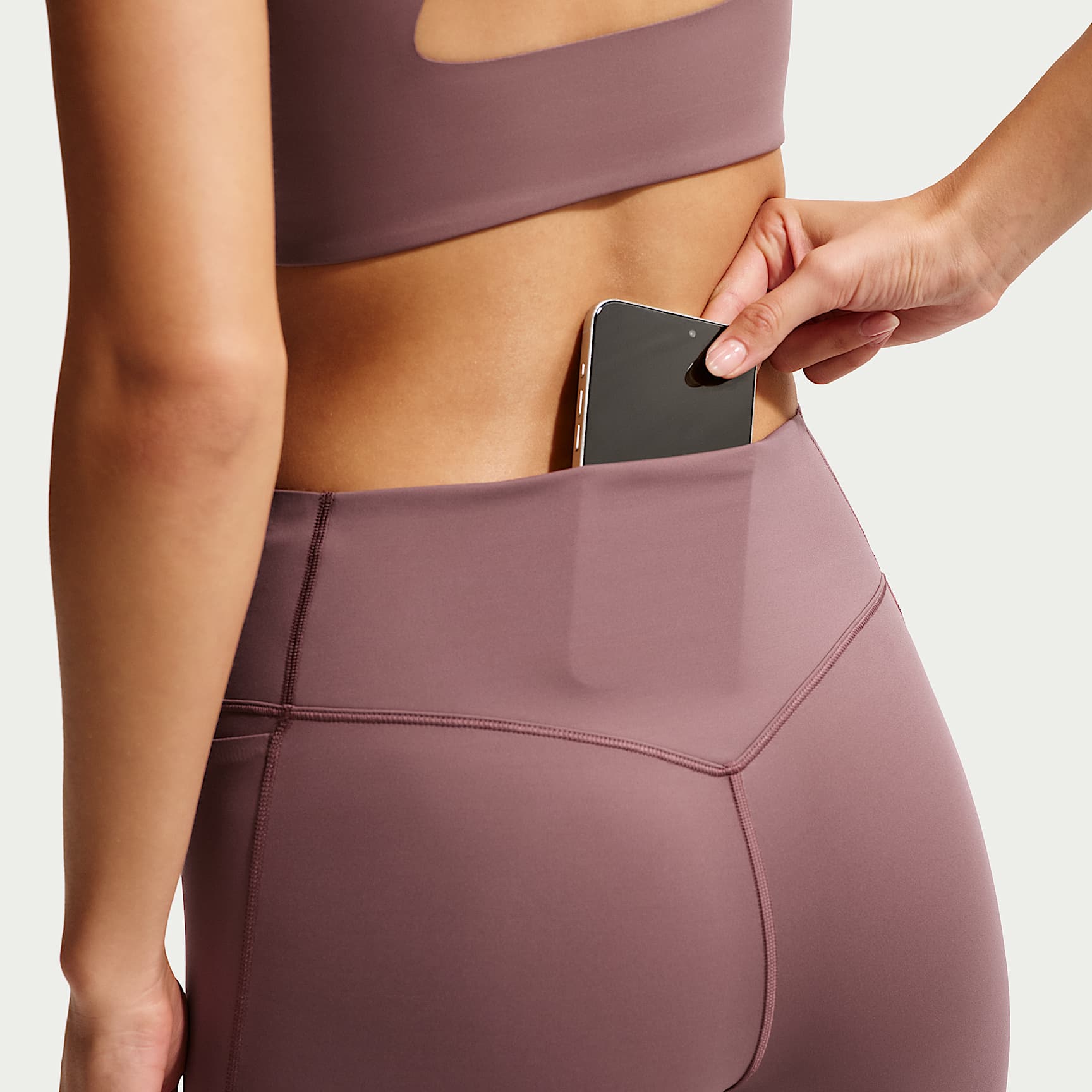 Nike Universa Women's High-Waisted 7/8 Leggings with No Front Seam – Tattoo/Tattoo/Burgundy Crush