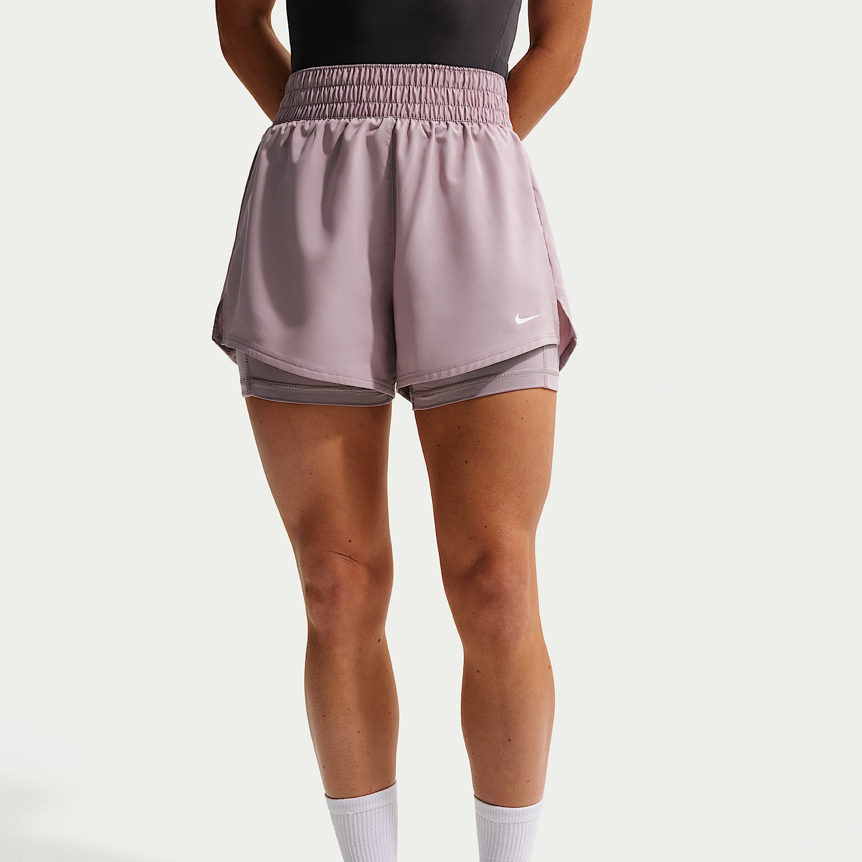 Nike One Women's Dri-FIT High-Waisted 8cm (approx.) 2-in-1 Shorts – Light Violet Ore/White