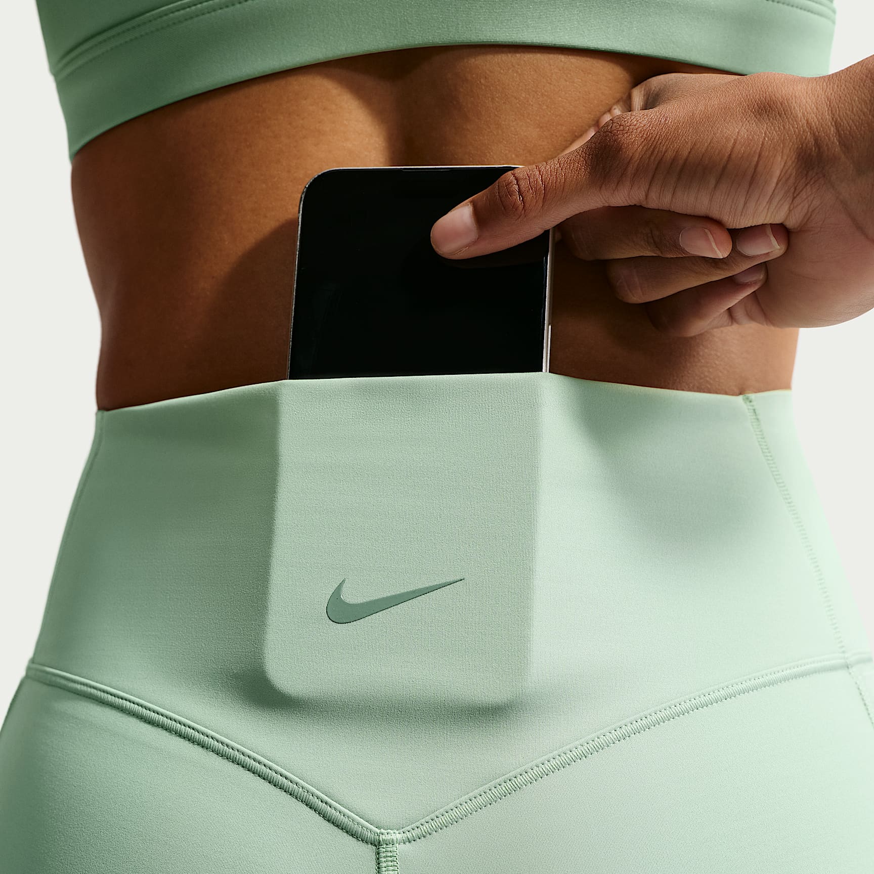Nike Universa Women's High-Waisted 12.5cm (approx.) Biker Shorts with No Front Seam – Steam/Dutch Green/Dutch Green