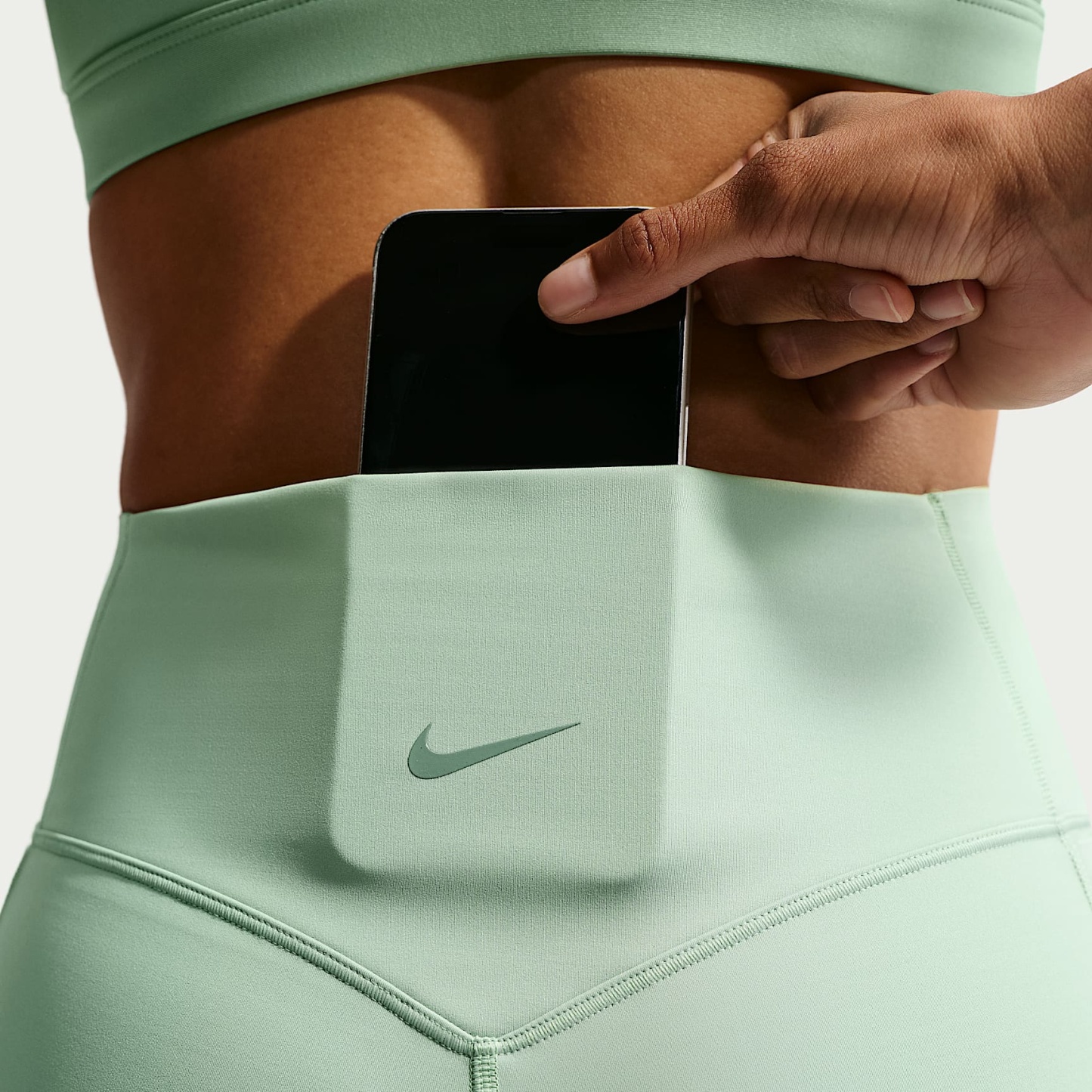 Nike Universa Women's High-Waisted 12.5cm (approx.) Biker Shorts with No Front Seam – Steam/Dutch Green/Dutch Green