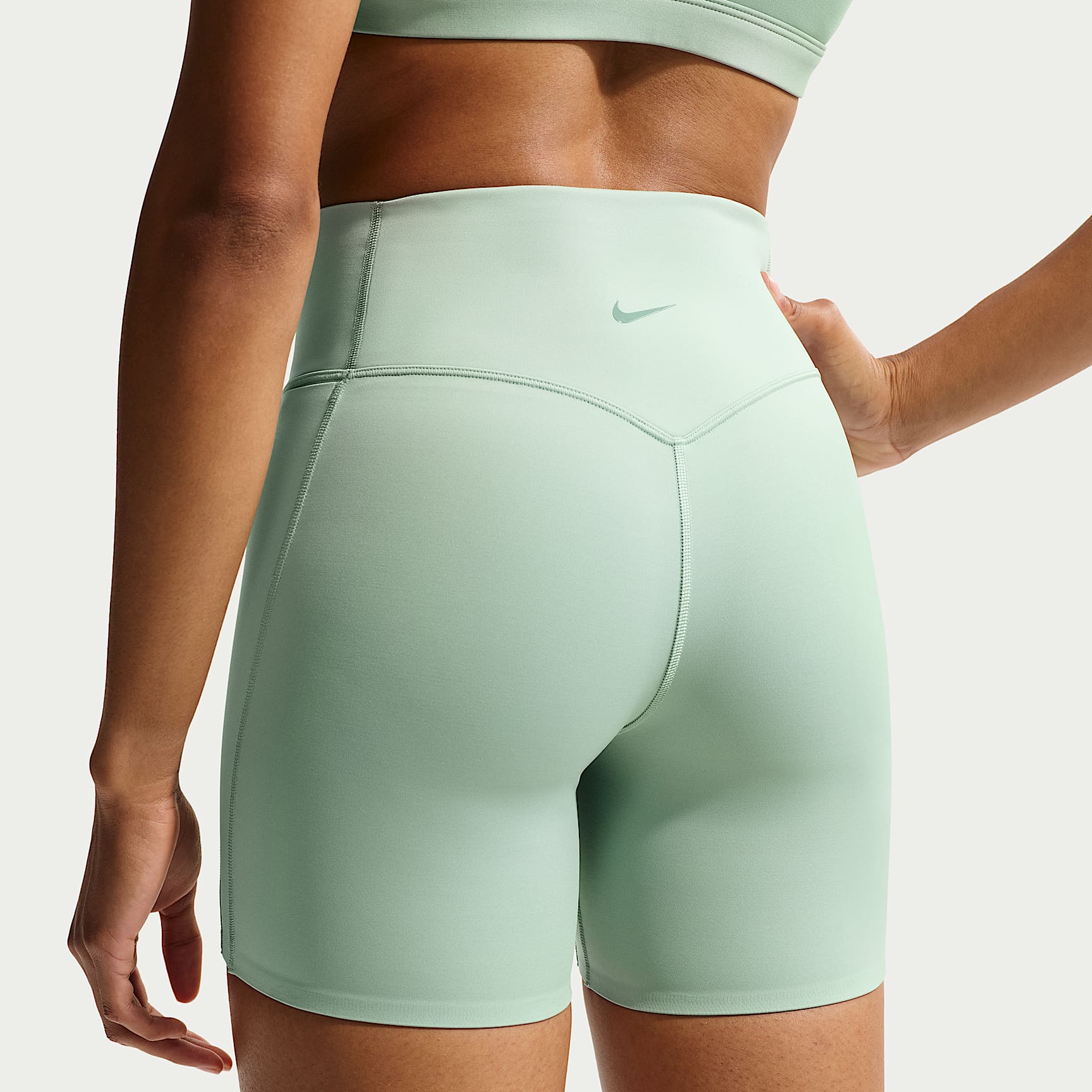 Nike Universa Women's High-Waisted 12.5cm (approx.) Biker Shorts with No Front Seam – Steam/Dutch Green/Dutch Green