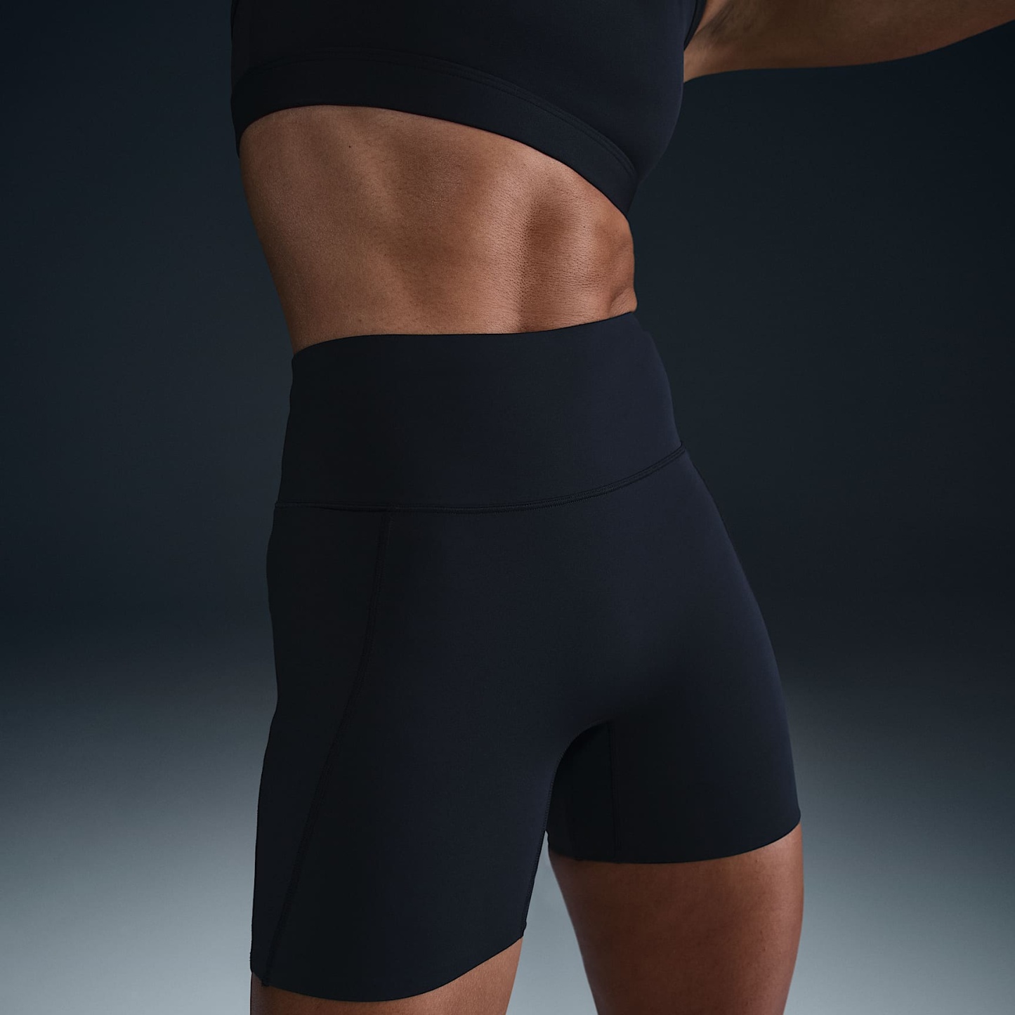 Nike Universa Women's High-Waisted 12.5cm (approx.) Biker Shorts with No Front Seam – Black/Anthracite/Dark Smoke Grey