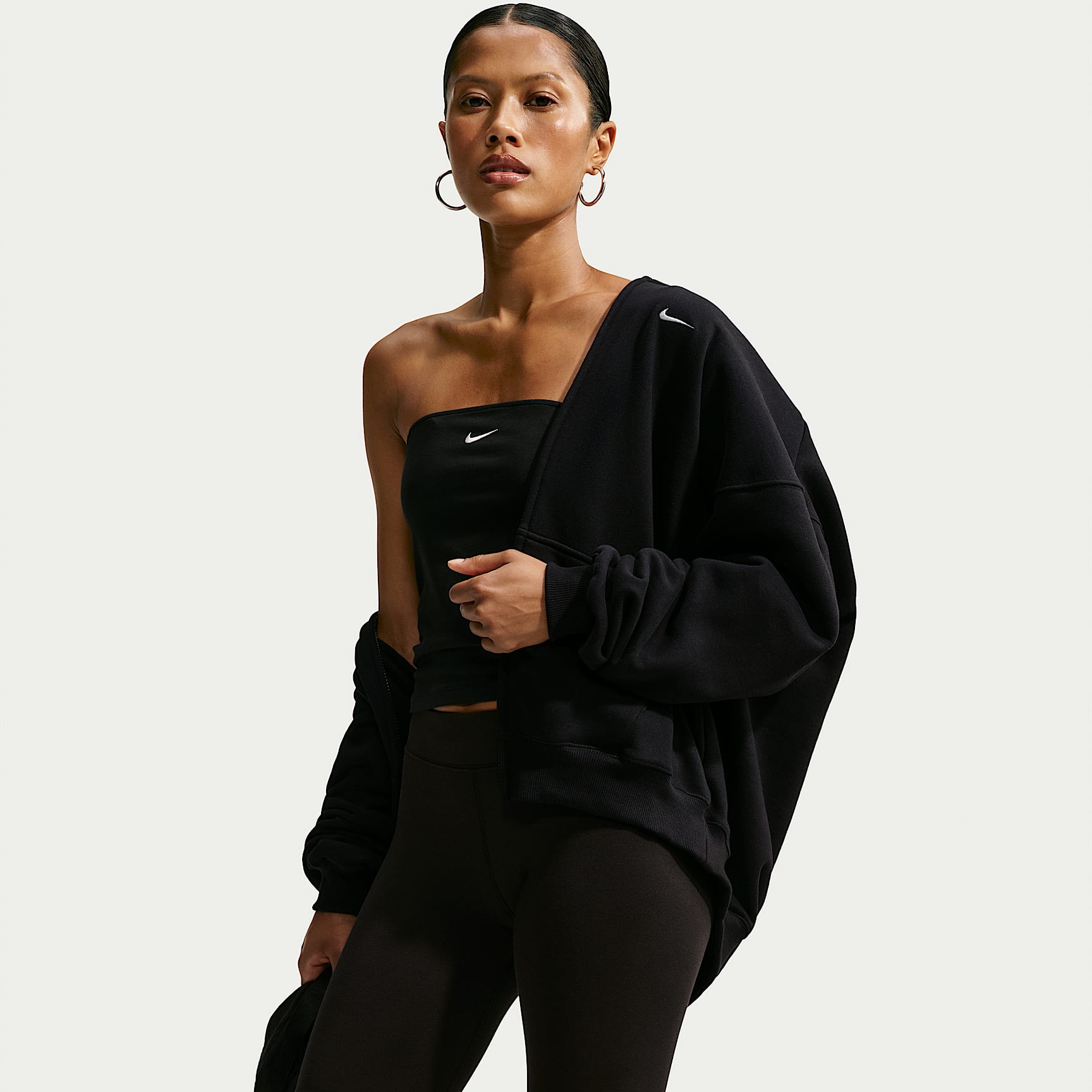 Nike Studio Fleece Medium Weight Women's Oversized Full-Zip Hoodie – Total Black/Sail