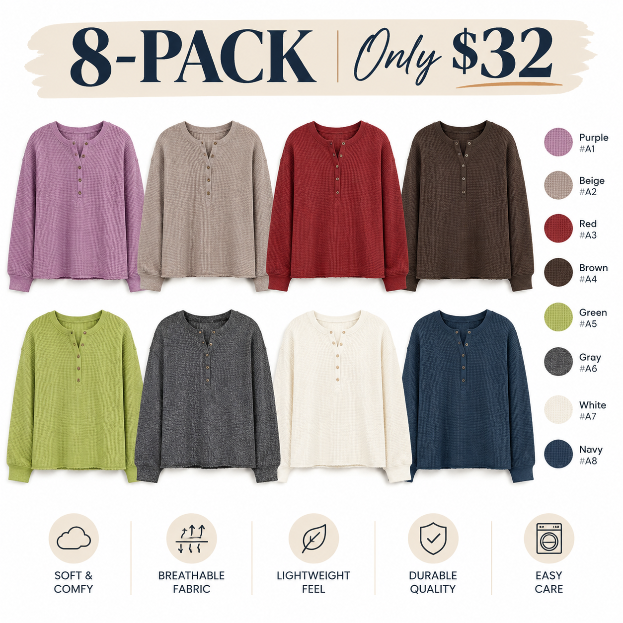 Norellechic Women's Waffle-Knit Henley Long-Sleeve Top