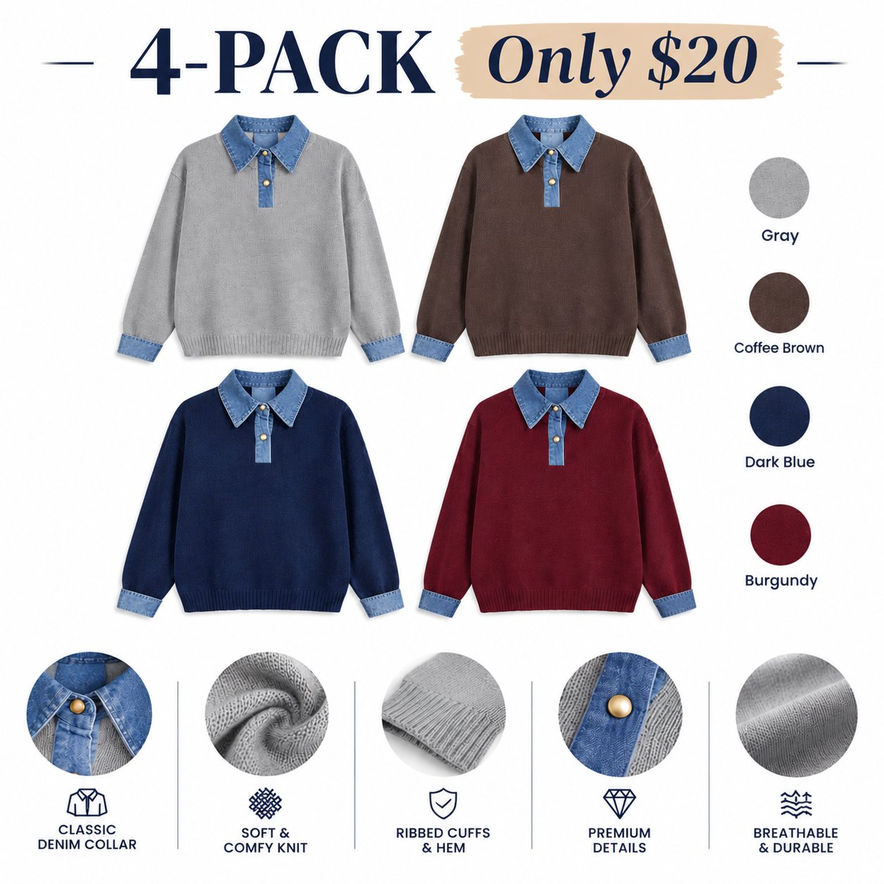 Norellechic Women's Denim-Collar Knit Sweater