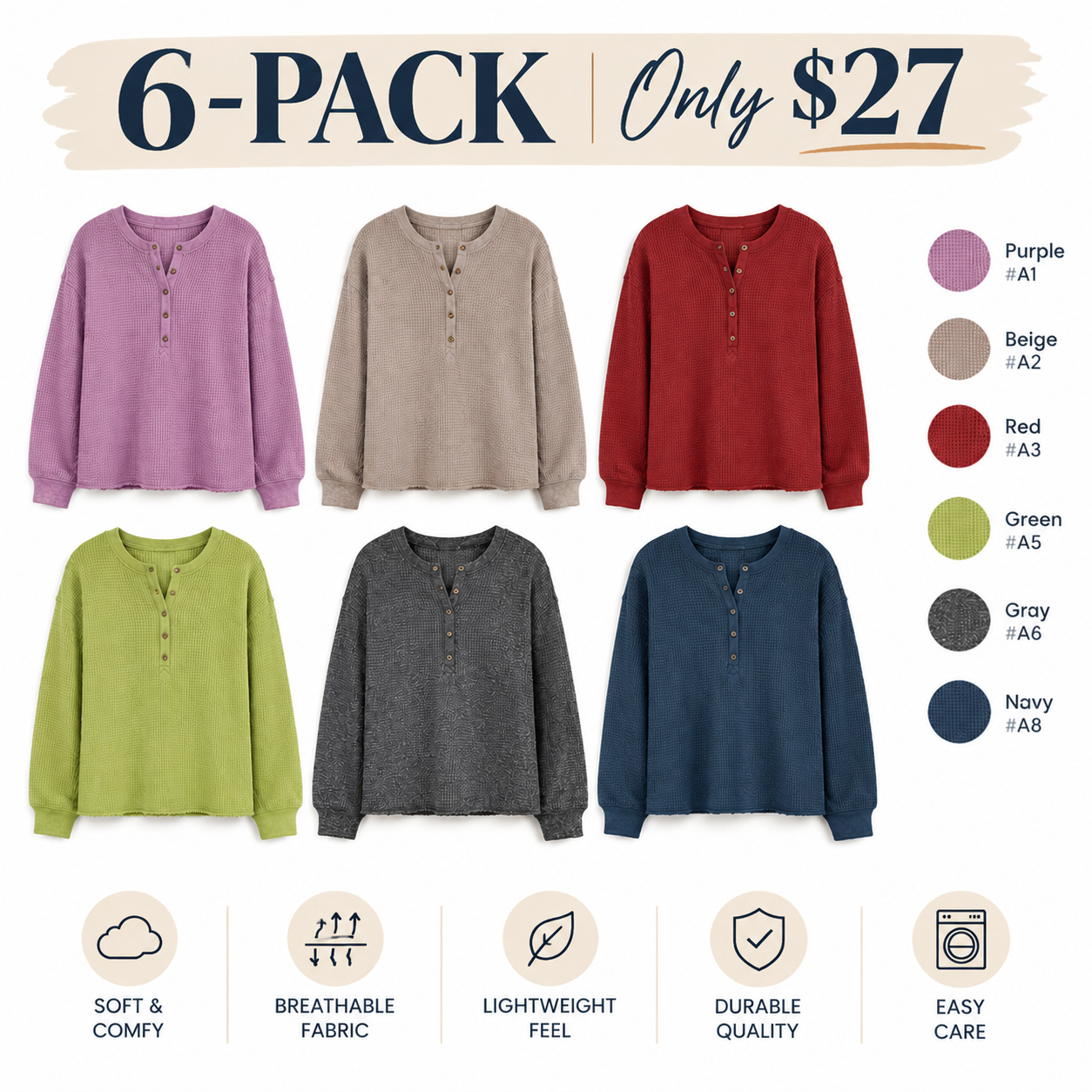 Norellechic Women's Waffle-Knit Henley Long-Sleeve Top