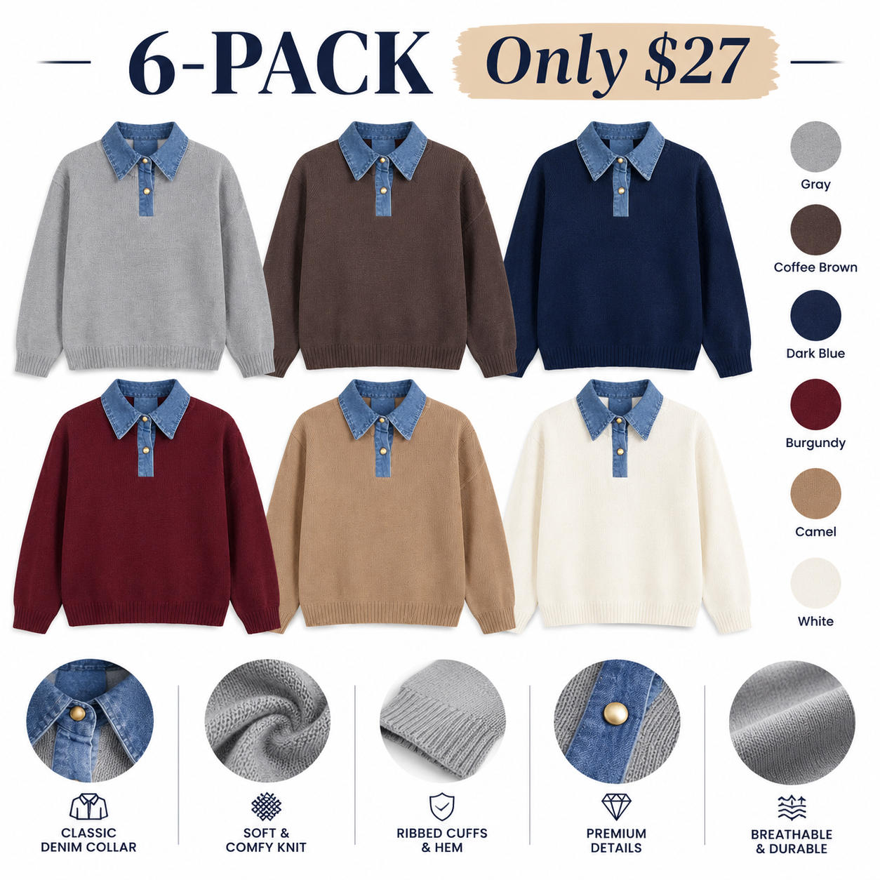 Norellechic Women's Denim-Collar Knit Sweater