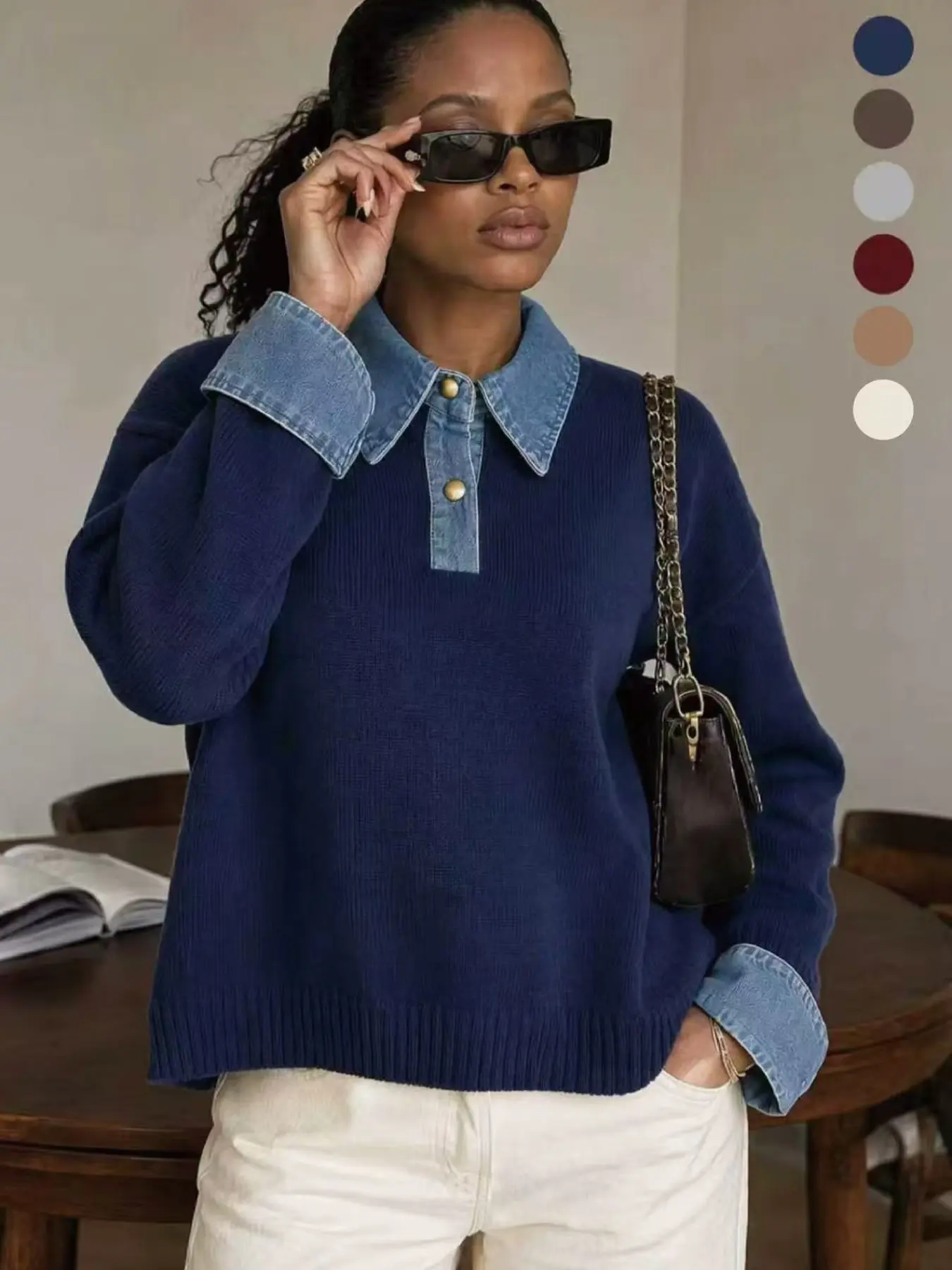 Norellechic Women's Denim-Collar Knit Sweater