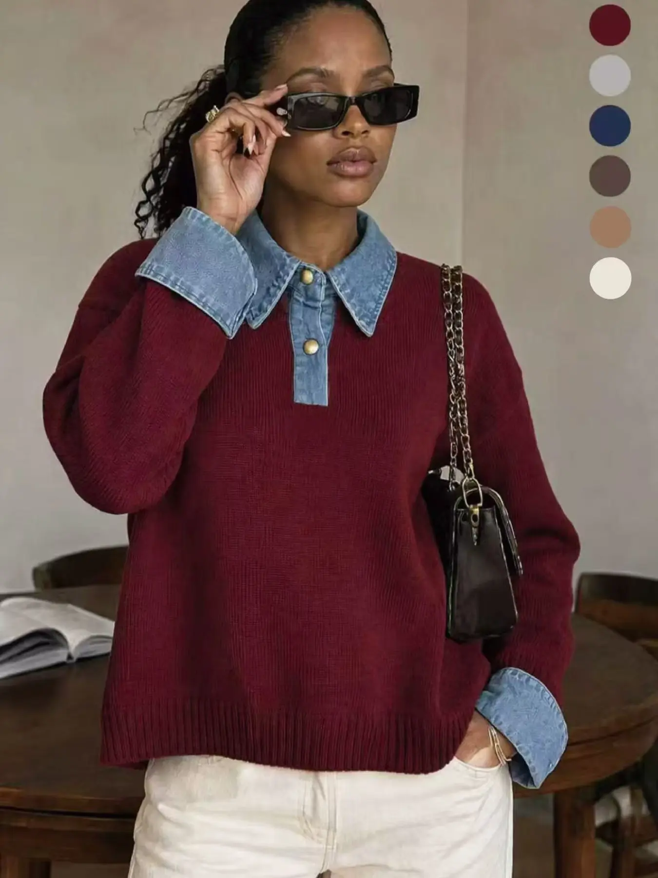 Norellechic Women's Denim-Collar Knit Sweater