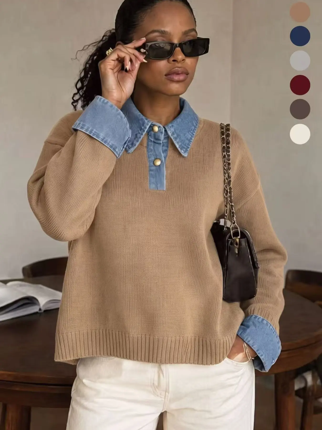 Norellechic Women's Denim-Collar Knit Sweater