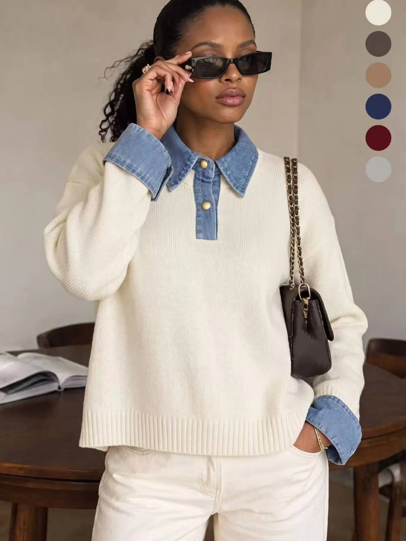 Norellechic Women's Denim-Collar Knit Sweater