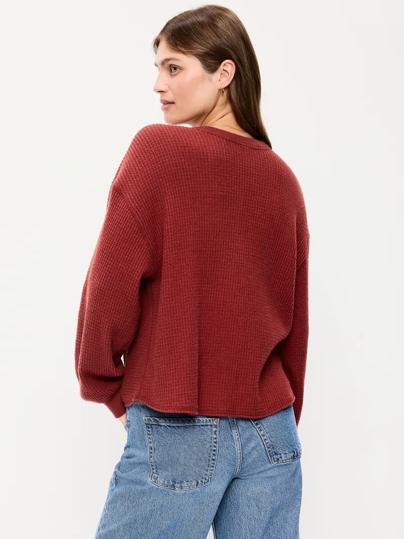 Norellechic Women's Waffle-Knit Henley Long-Sleeve Top