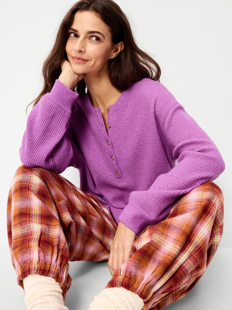Norellechic Women's Waffle-Knit Henley Long-Sleeve Top
