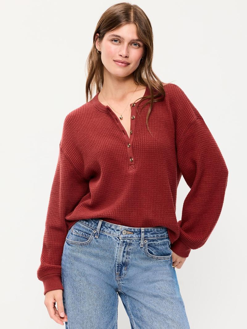 Norellechic Women's Waffle-Knit Henley Long-Sleeve Top