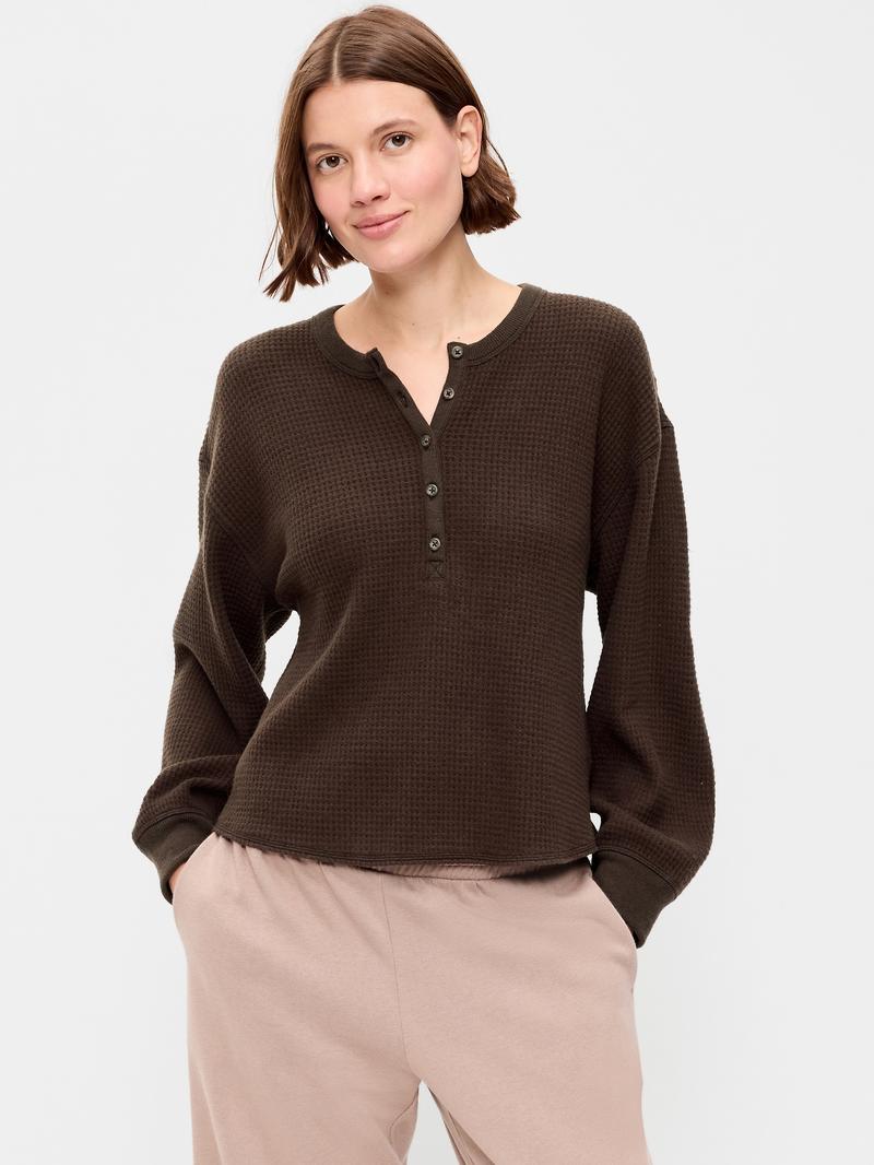 Norellechic Women's Waffle-Knit Henley Long-Sleeve Top