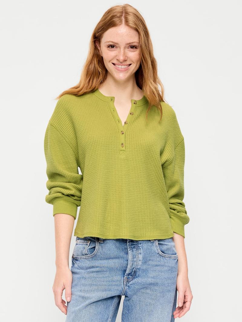 Norellechic Women's Waffle-Knit Henley Long-Sleeve Top
