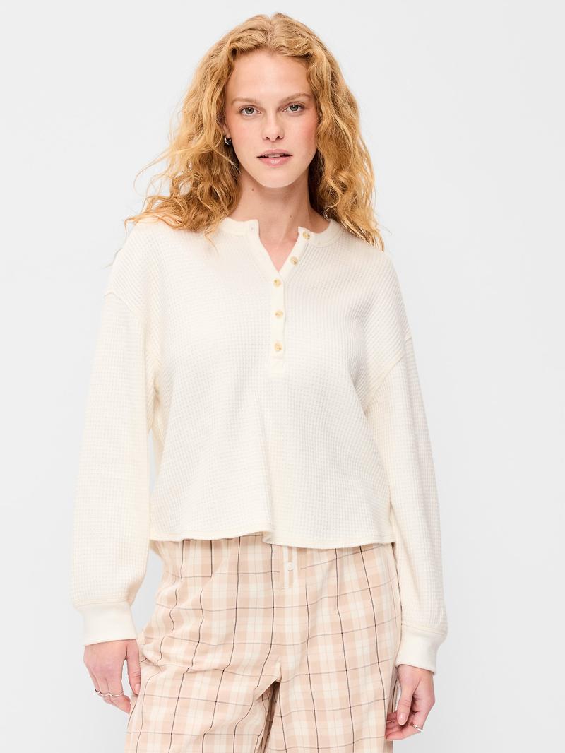 Norellechic Women's Waffle-Knit Henley Long-Sleeve Top