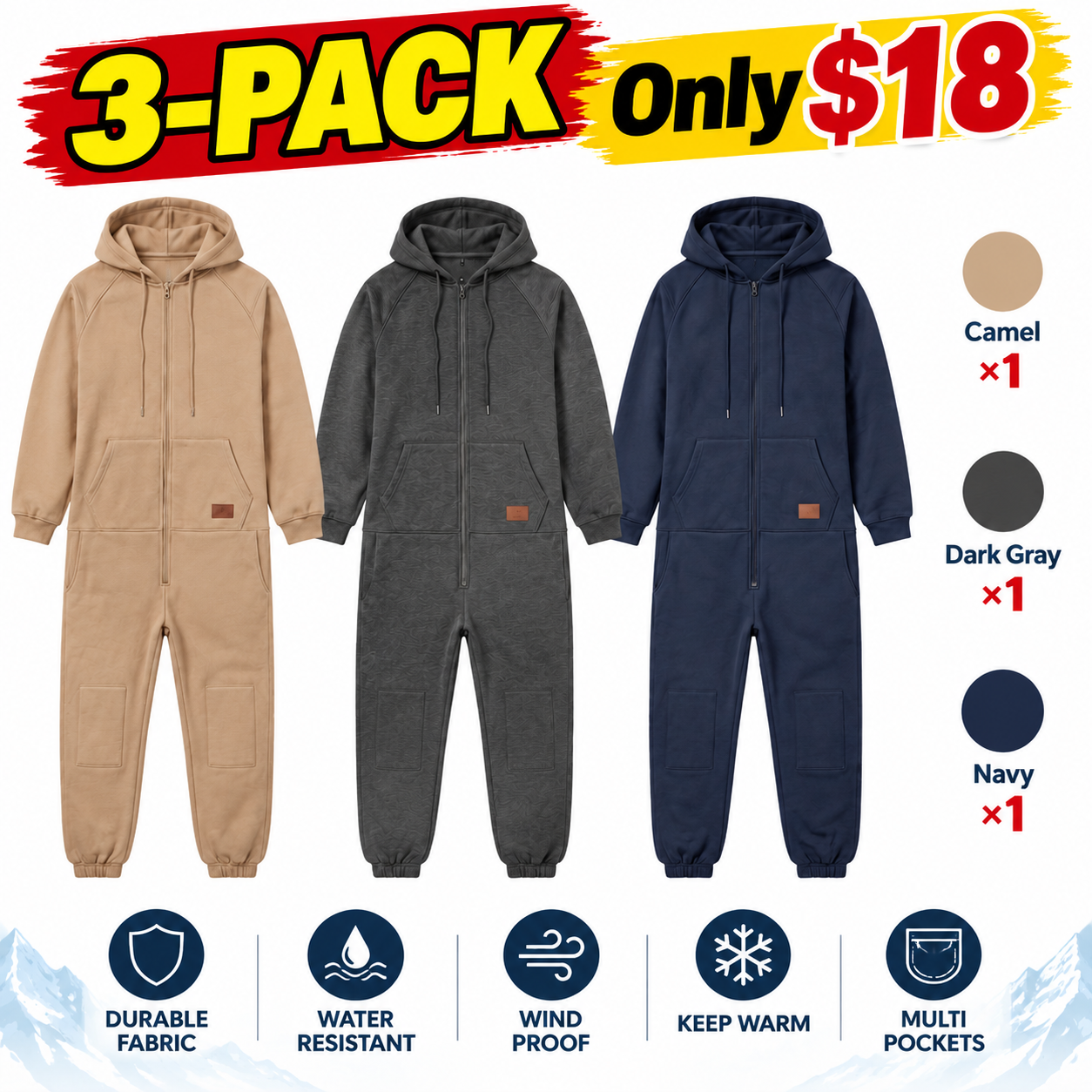Men’s Hooded Cargo Jumpsuit – Full-Zip Utility One-Piece
