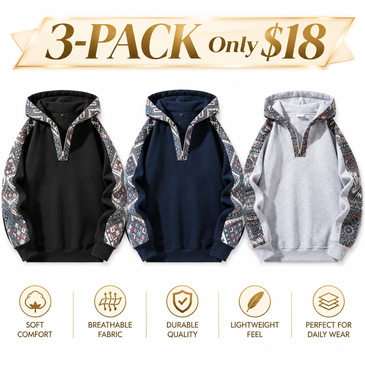 Men's Retro Ethnic Print Quarter-Zip Knit Hoodie