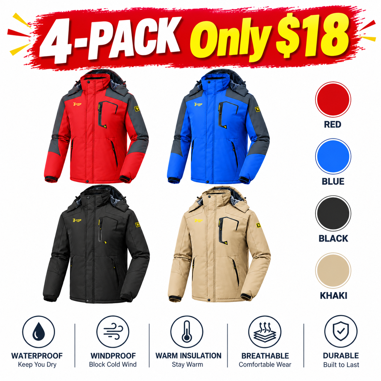 Men's Waterproof Fleece-Lined Winter Ski Jacket