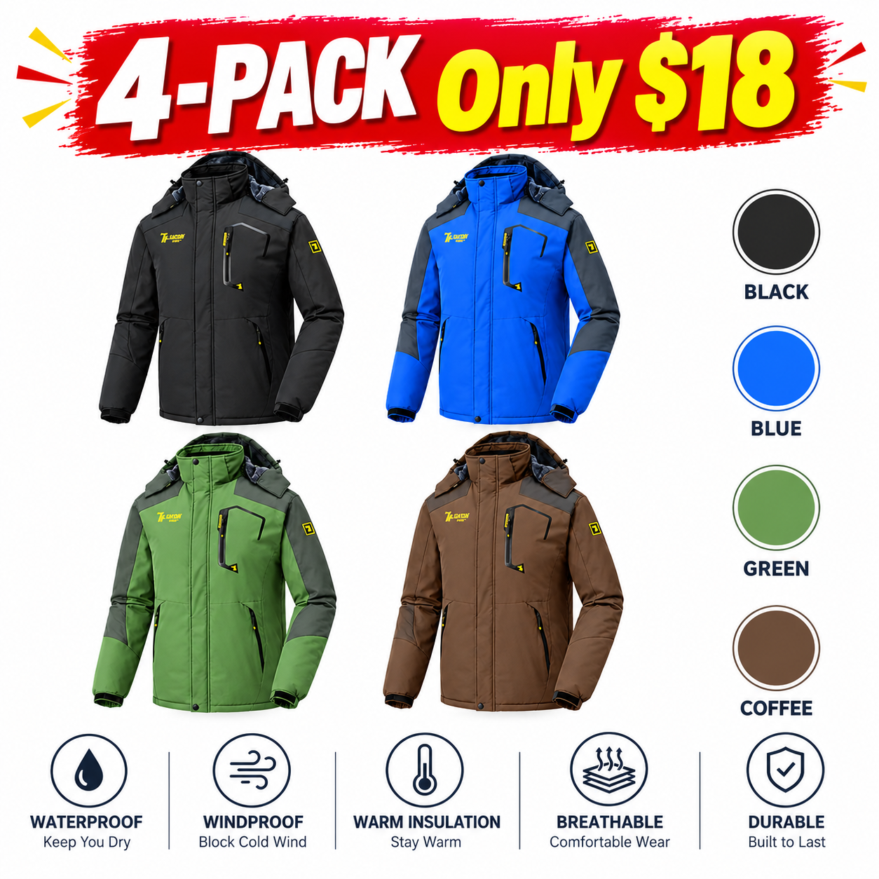 Men's Waterproof Fleece-Lined Winter Ski Jacket