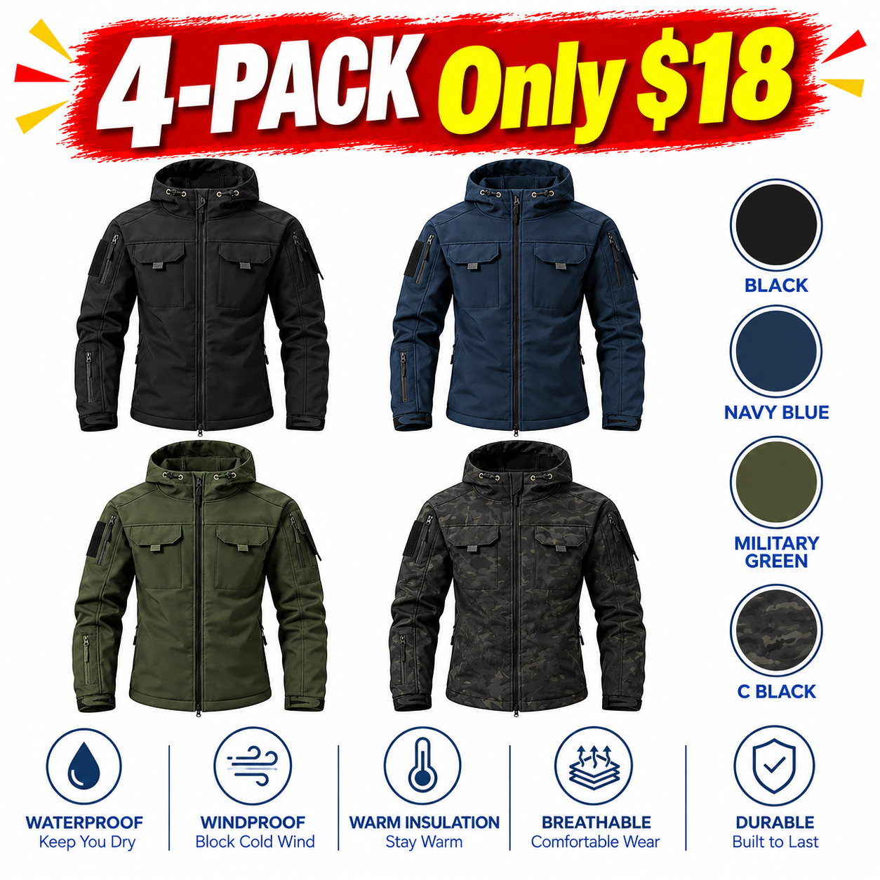 Men's Waterproof Fleece-Lined Tactical Outdoor Jacket