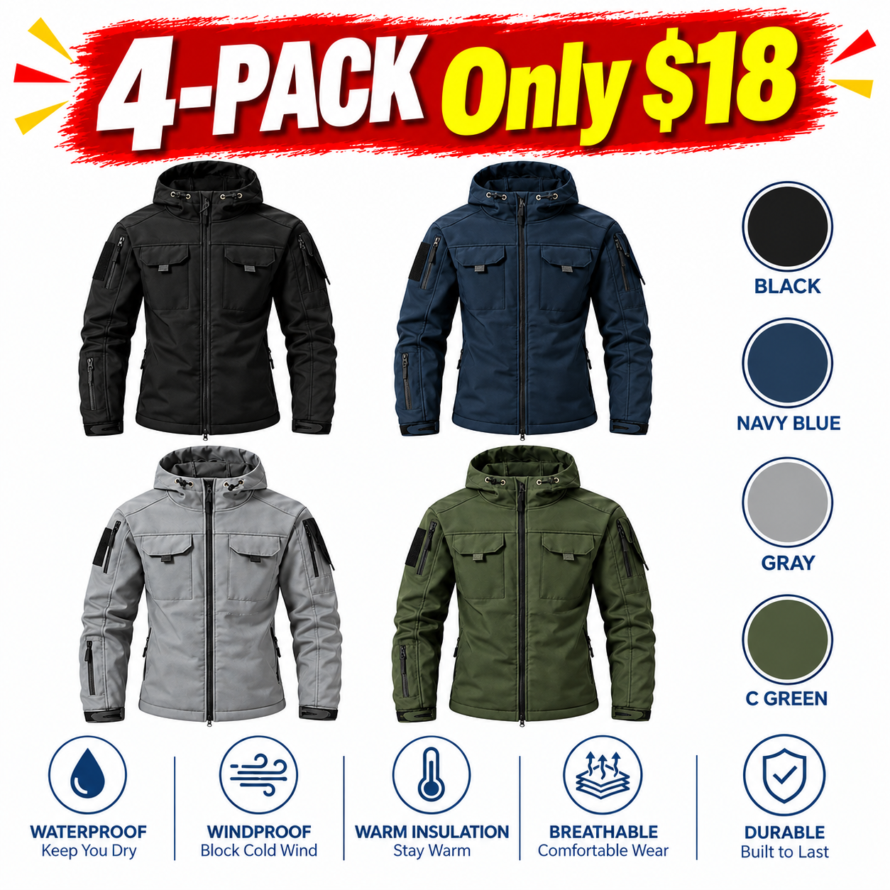 Men's Waterproof Fleece-Lined Tactical Outdoor Jacket