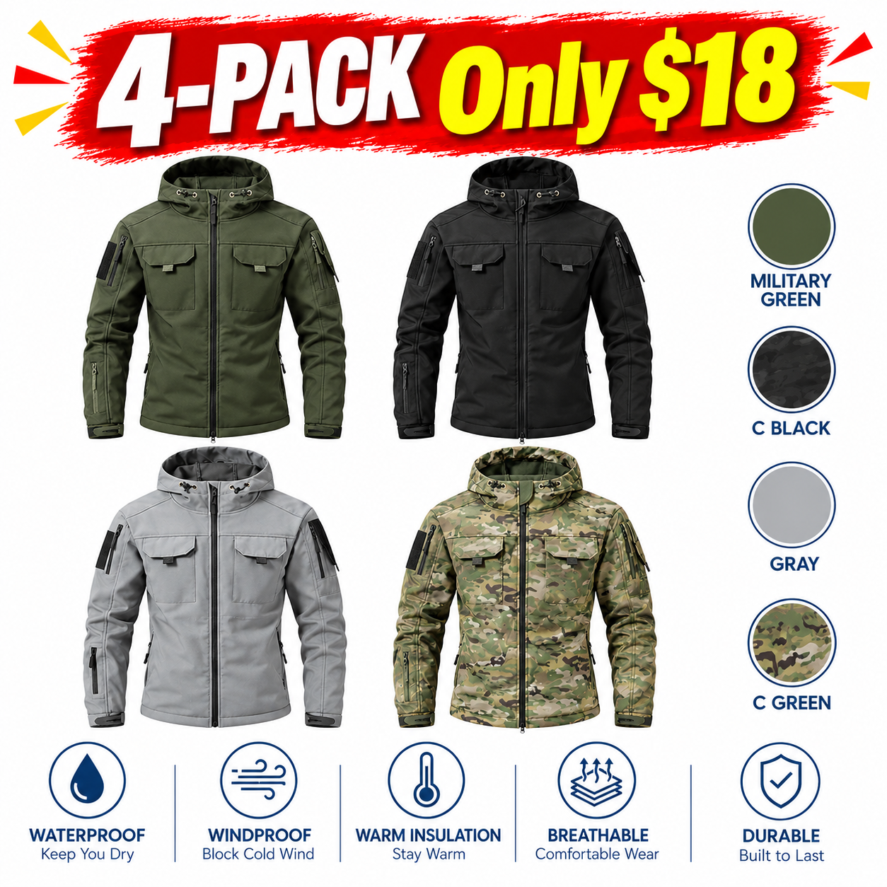Men's Waterproof Fleece-Lined Tactical Outdoor Jacket