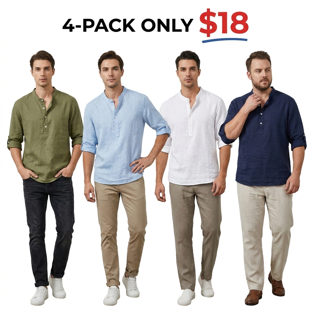 Men's Cotton Linen 3/4 Sleeve Henley Shirt