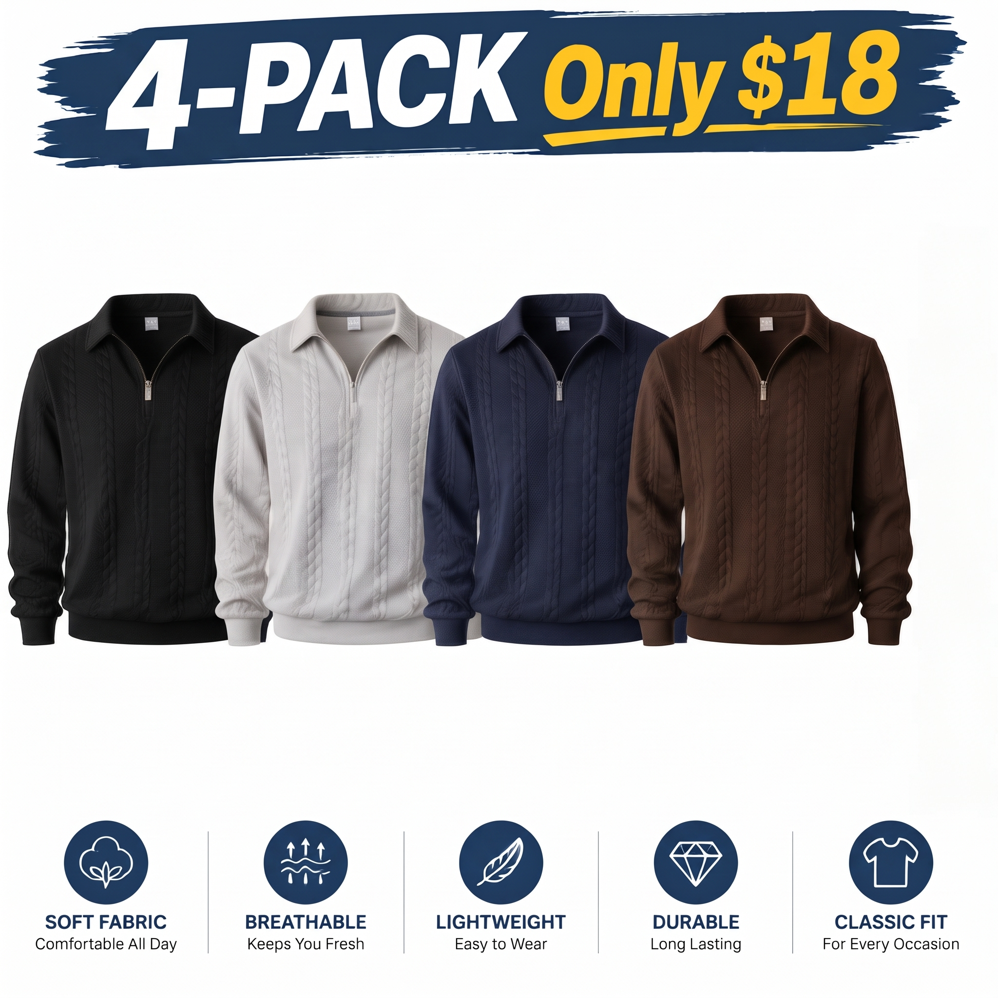 Men's Premium Knit Polo Sweater - Quarter Zip Long Sleeve Pullover for Casual Everyday Style