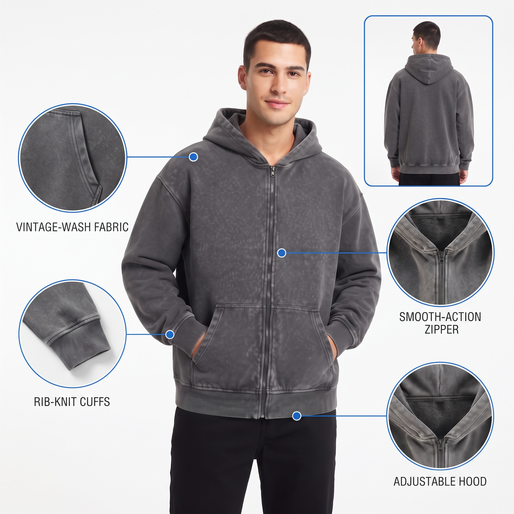 Men’s Washed Full-Zip Fleece Hoodie