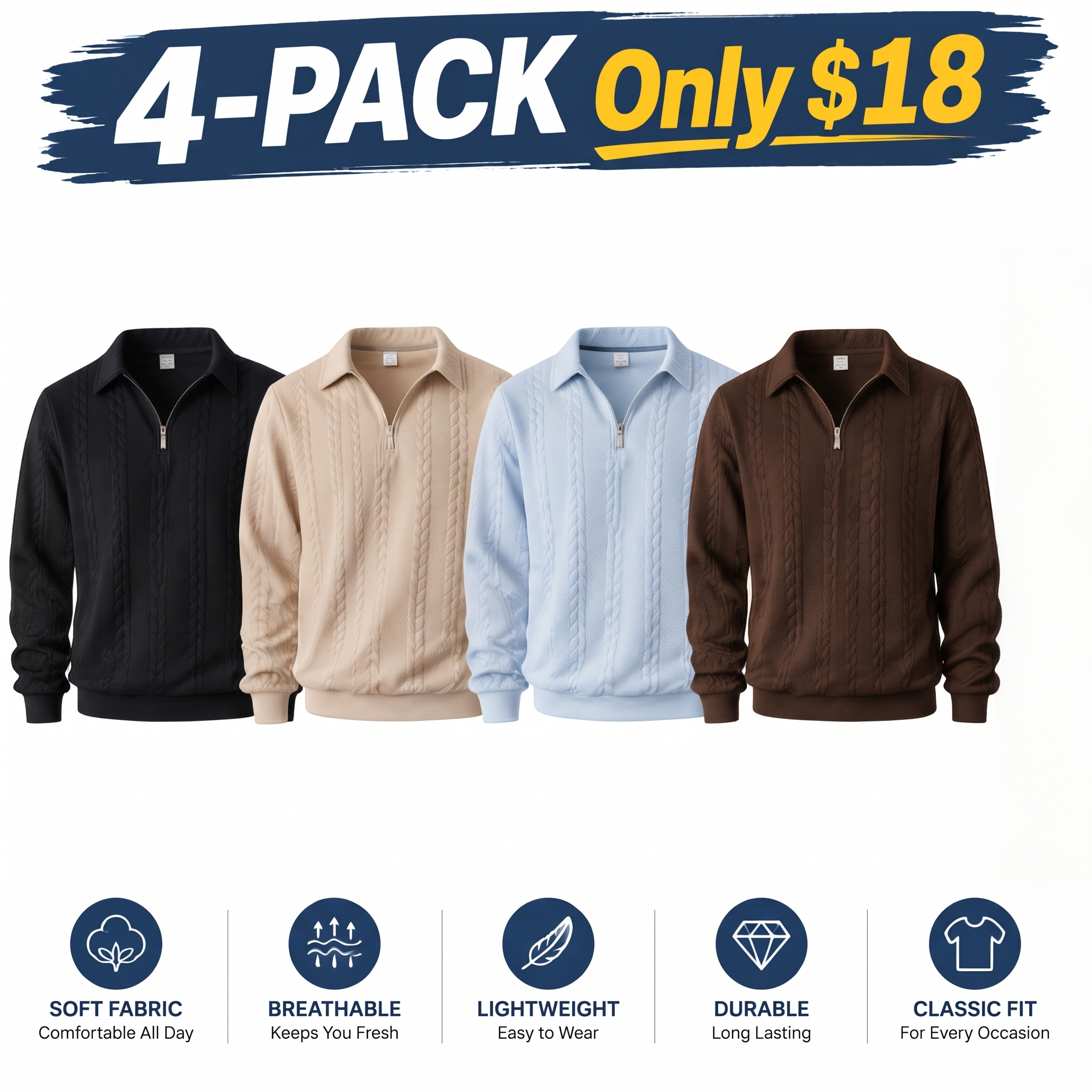 Men's Premium Knit Polo Sweater - Quarter Zip Long Sleeve Pullover for Casual Everyday Style