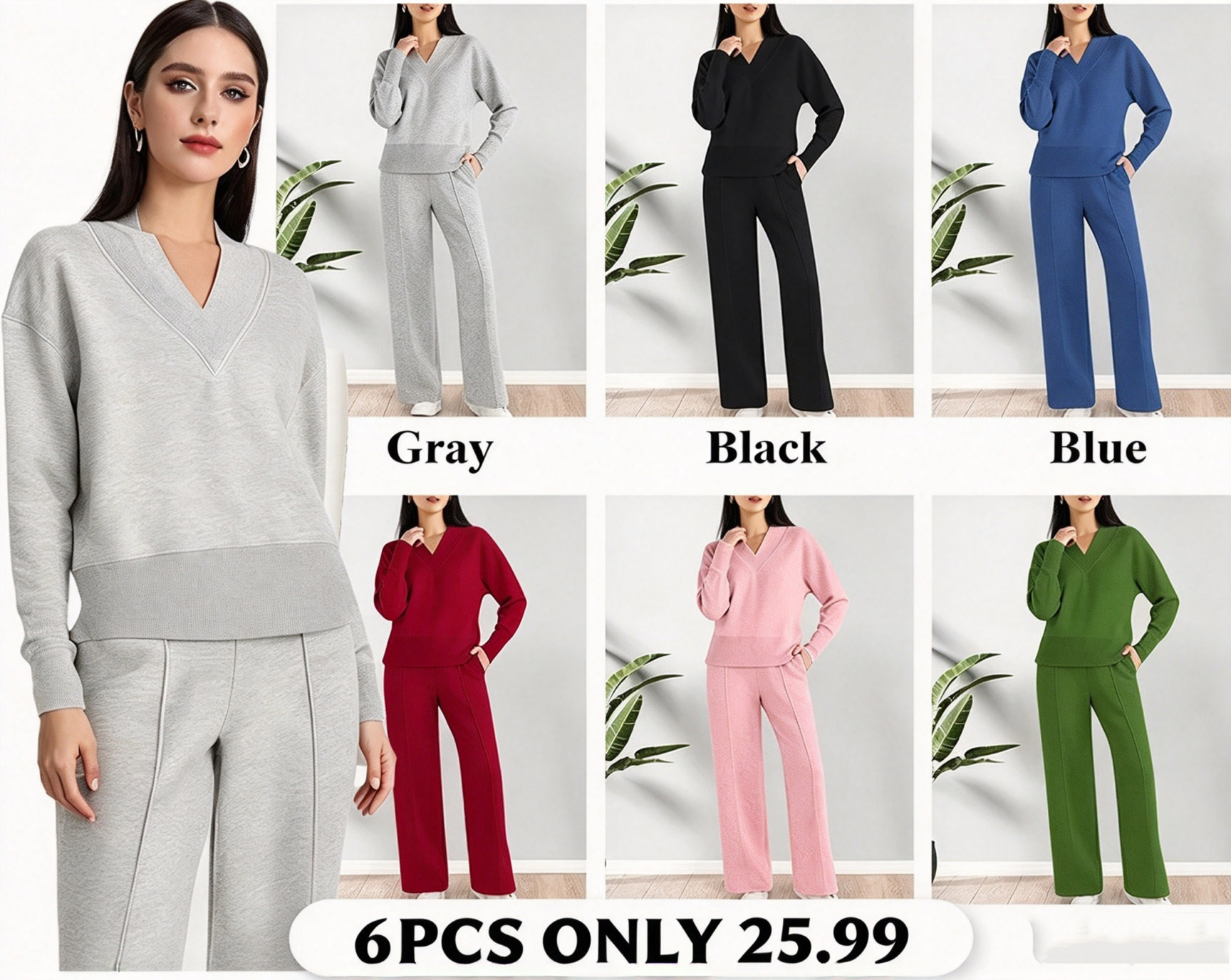 2026 Newly Upgraded Fabric 🔥Women's Solid Color V-neck Top & Pants Two-piece Set