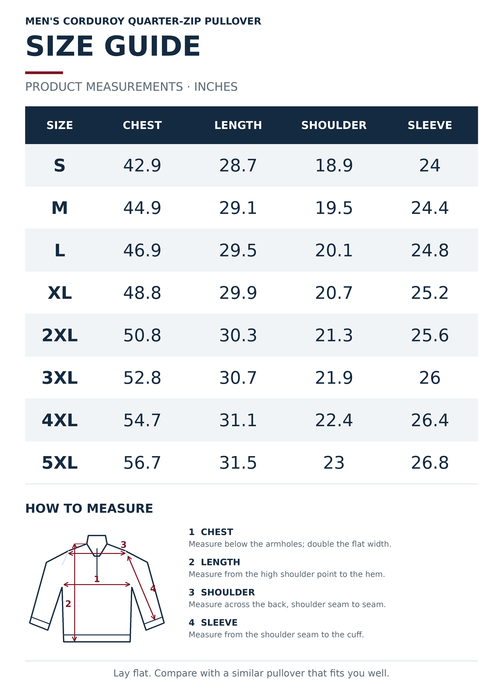 Corduroy quarter-zip pullover size chart, S through 5XL, with chest, length, shoulder, and sleeve measurements in inches