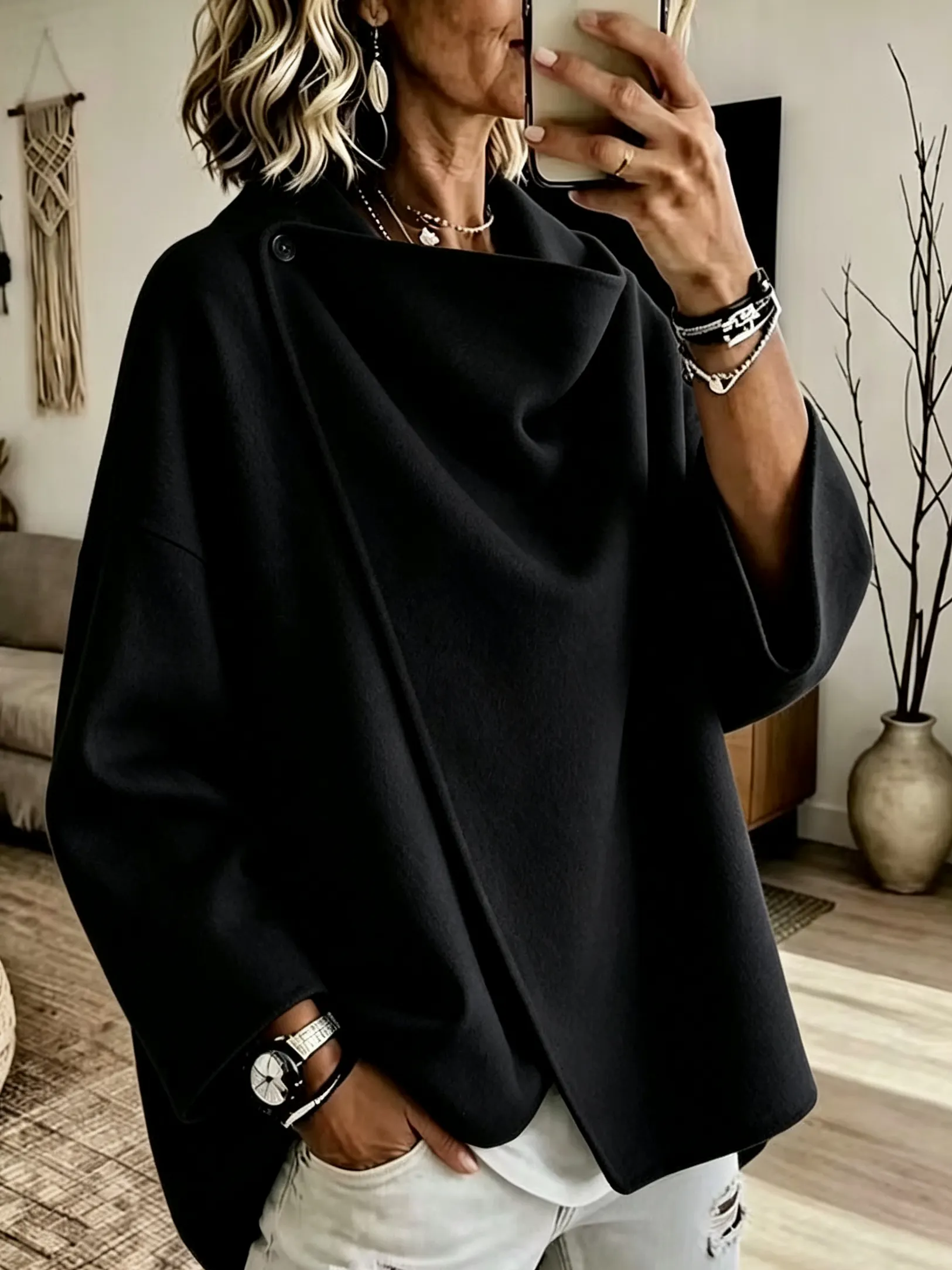 Cozy Asymmetric Button Wool-Blend Wrap Cape Jacket