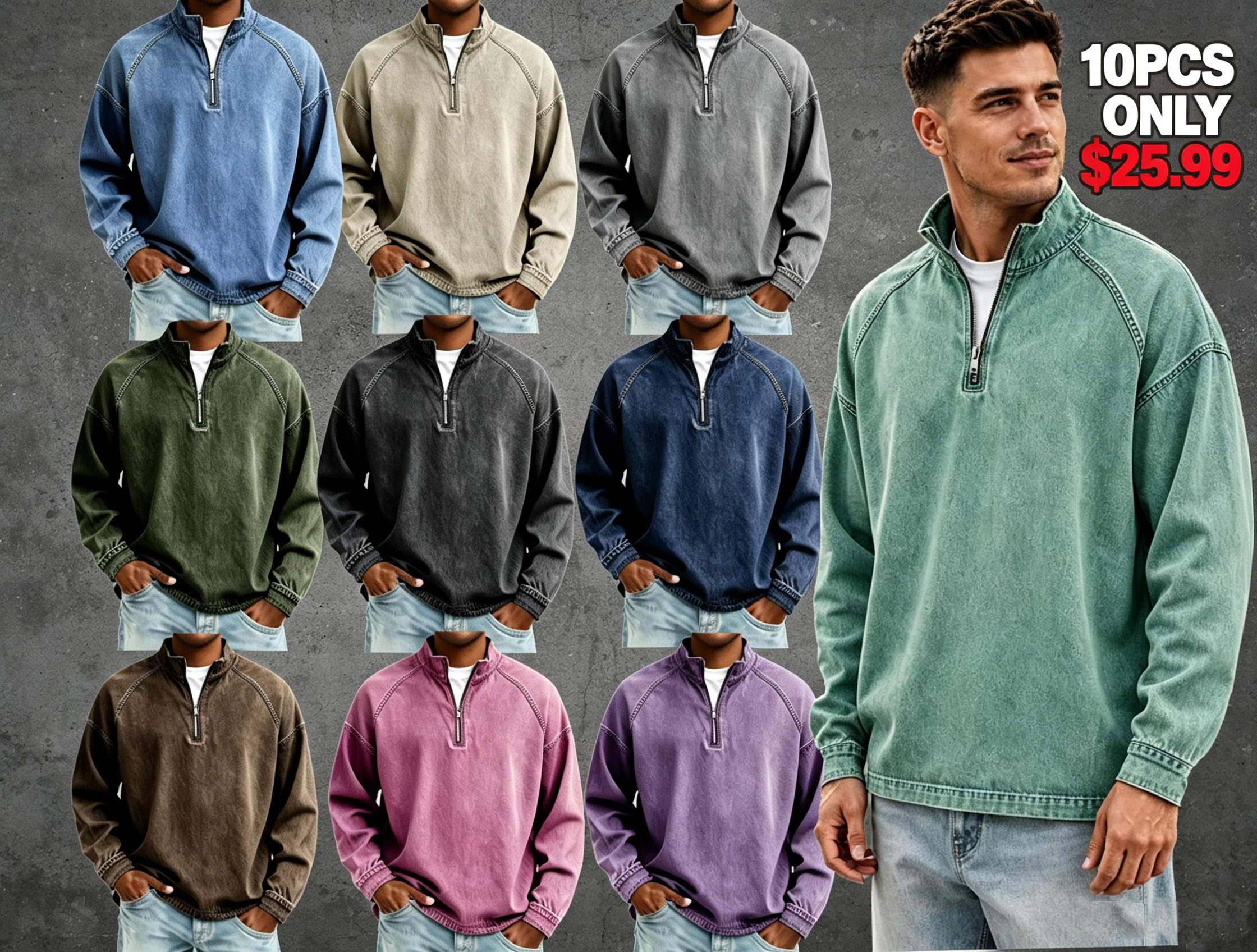 🔥 BESTSELLER |10PCS $26.99 | Men's Quarter-Zip Denim Pullover