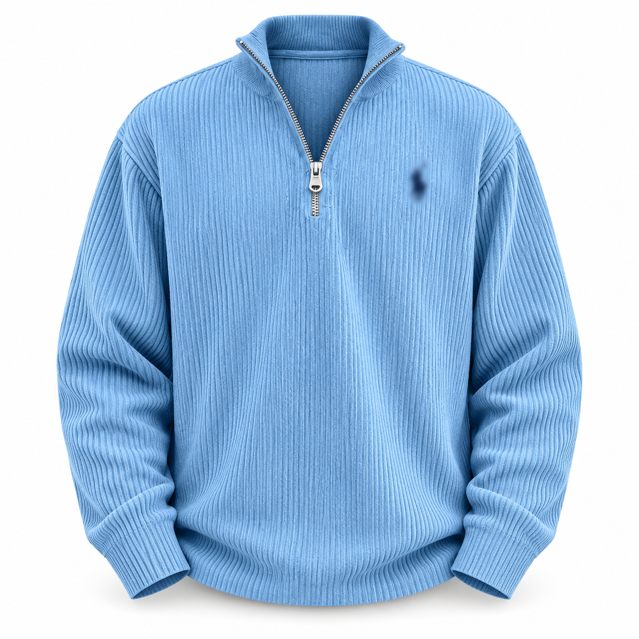 Sky blue corduroy quarter-zip pullover showing its full relaxed silhouette