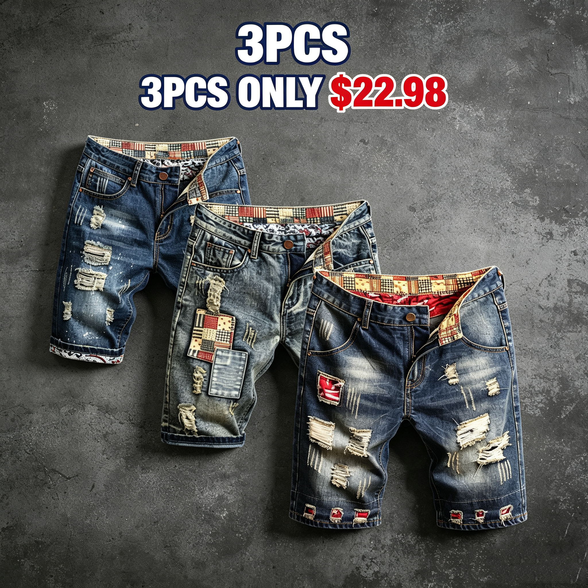 3pcs only 22.98🩳 Men's Ripped Denim Shorts – Distressed, Patched, Retro Wash ✨