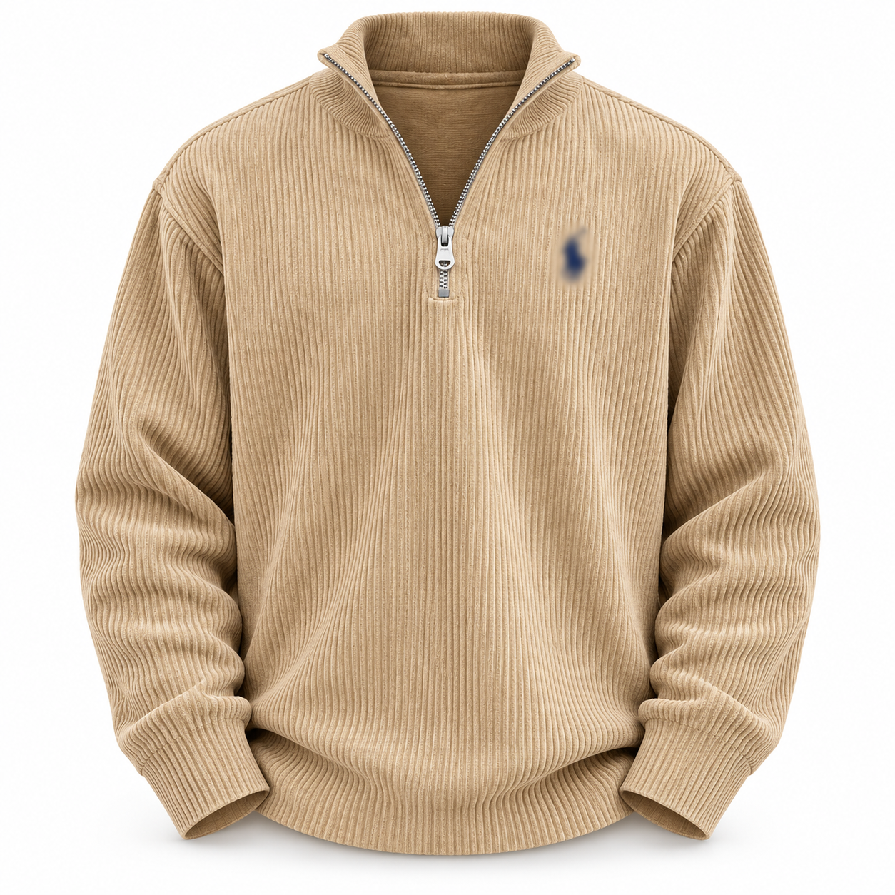 Khaki corduroy pullover showing its silver-tone short zipper and open stand collar
