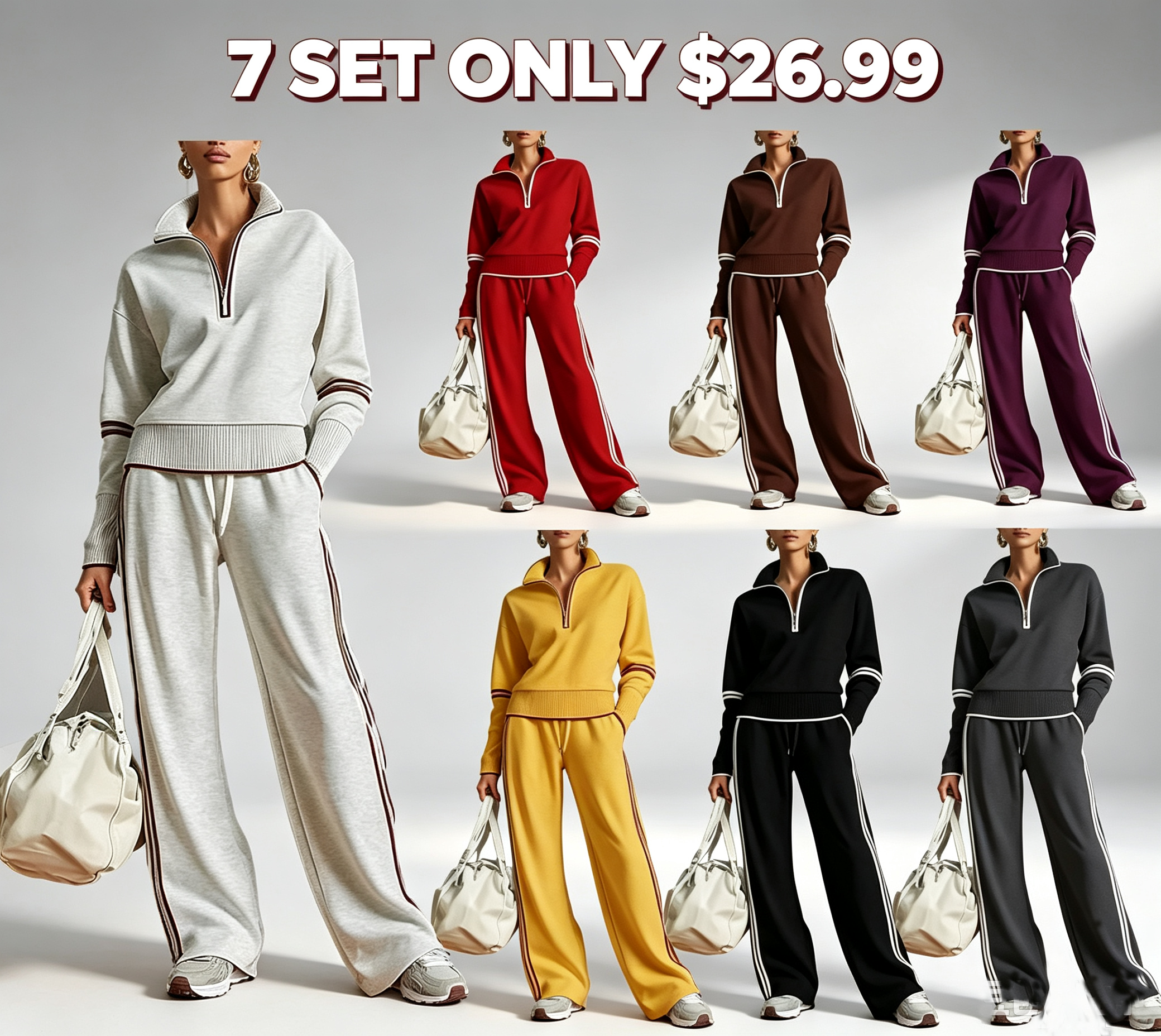 🎀Women Casual Sports Two Piece Set Stand Collar Wide Leg Pants