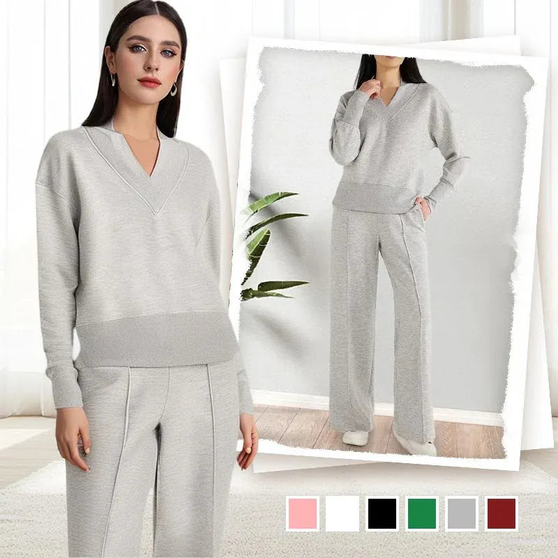 2026 Newly Upgraded Fabric 🔥Women's Solid Color V-neck Top & Pants Two-piece Set