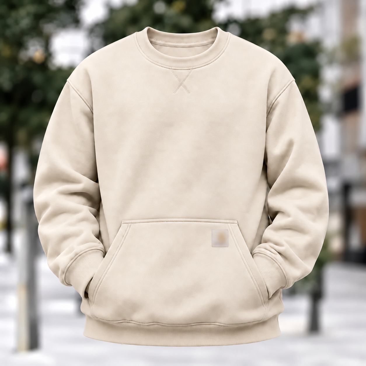 Men's cream fleece crewneck sweatshirt with front kangaroo pocket