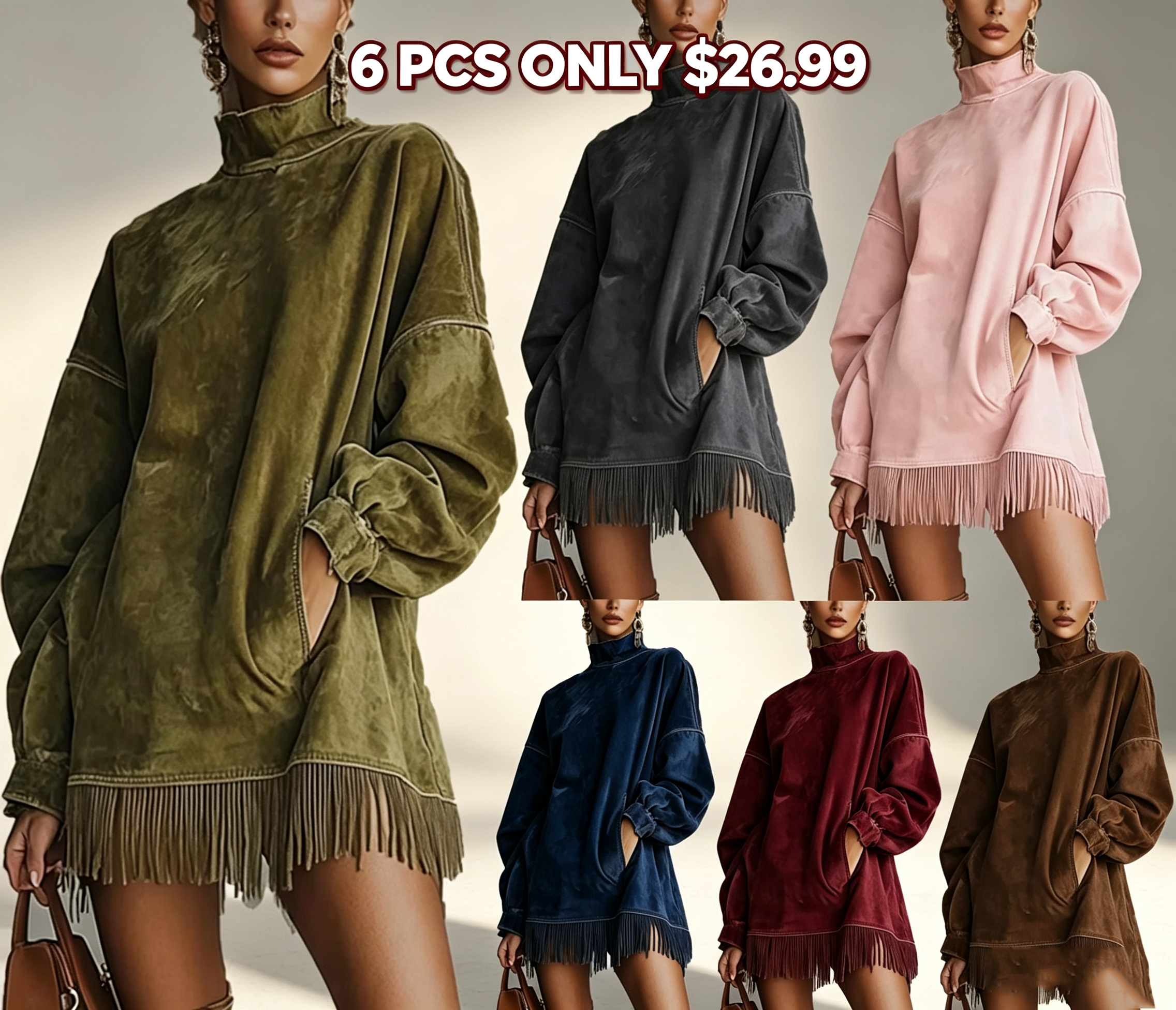 Limited time sale🔥Women's High Neck Oversized Fringe Sweatshirt Dress with Side Pockets