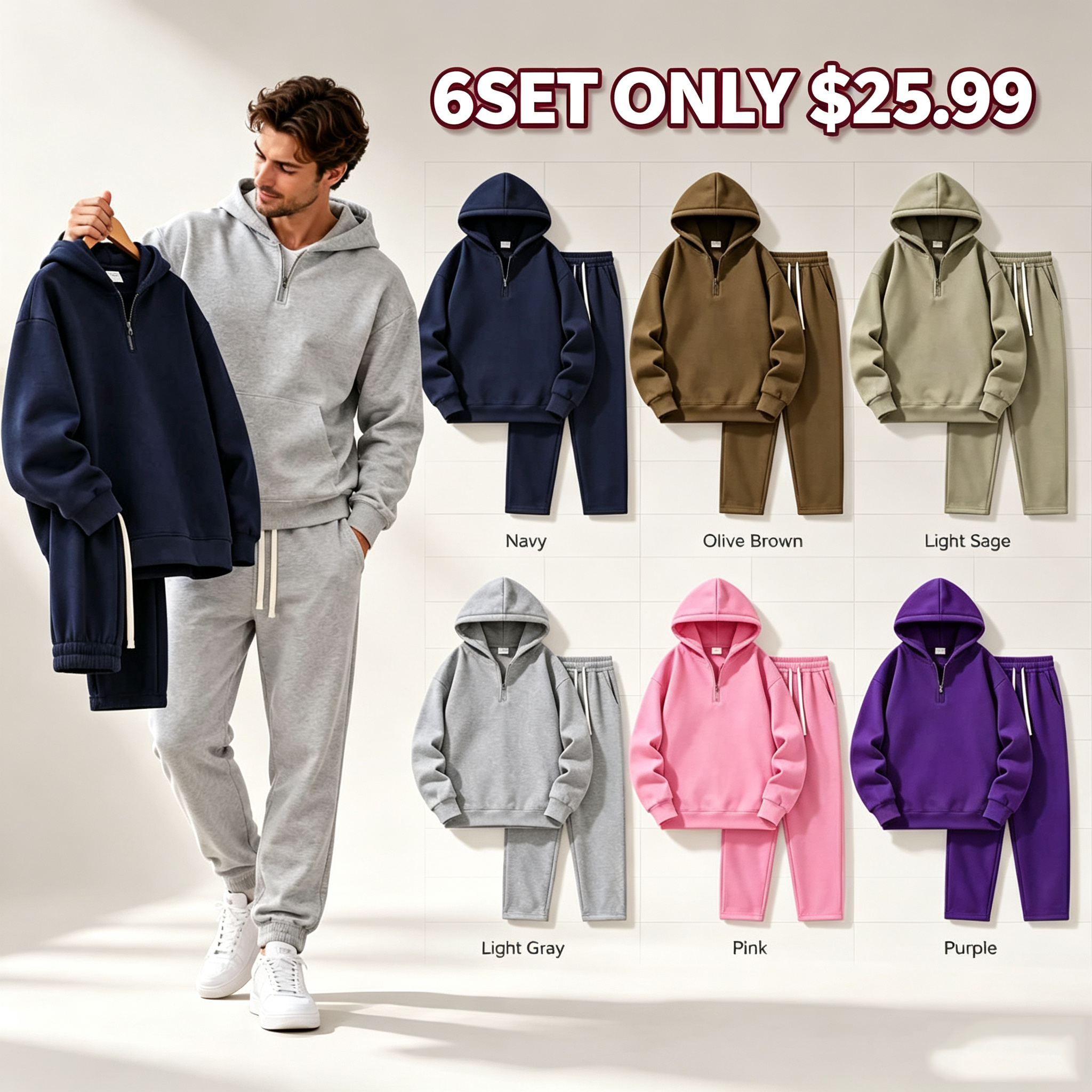 Men's Plain Two-piece Casual Sporty Sweatsuit Set