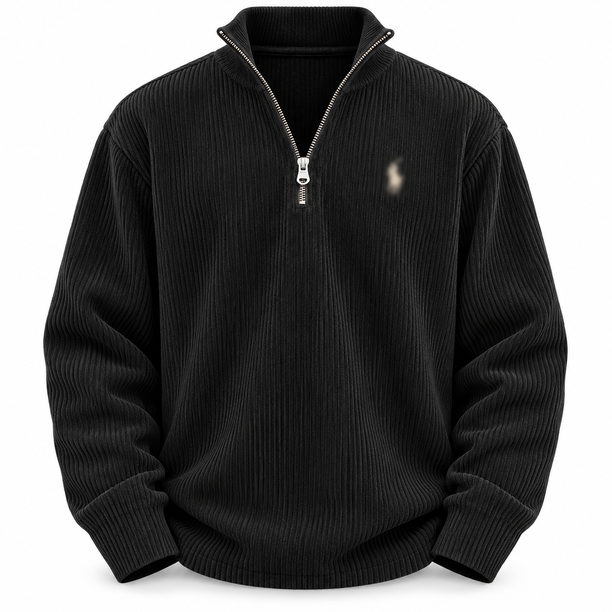 Black men's corduroy quarter-zip pullover with a clean pocket-free front