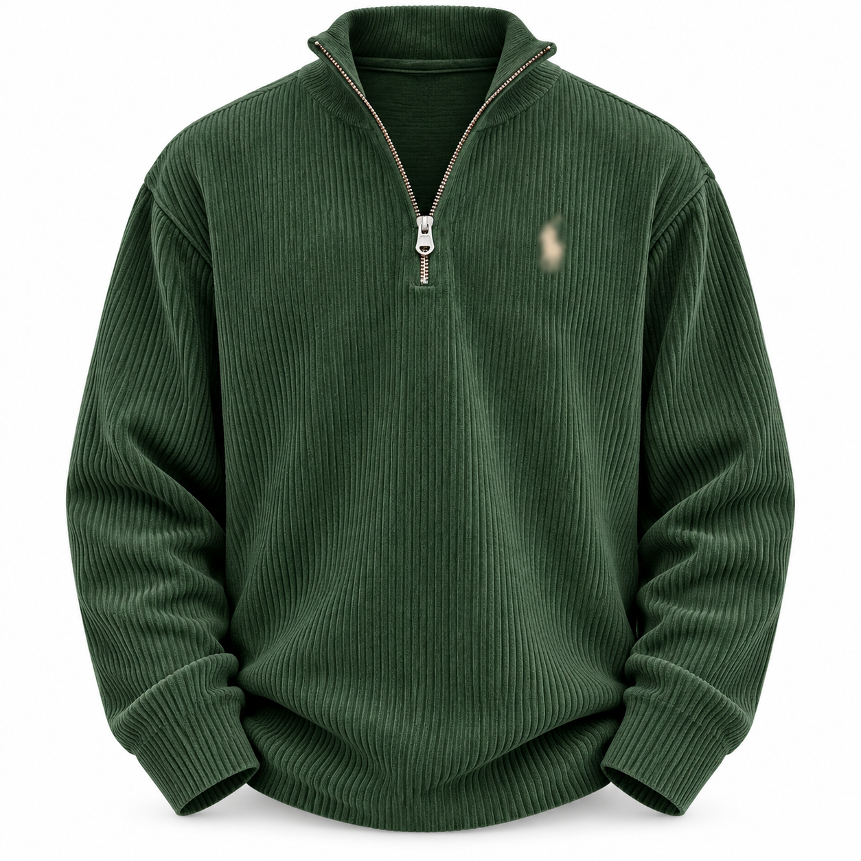 Green corduroy quarter-zip pullover with a stand collar and long sleeves