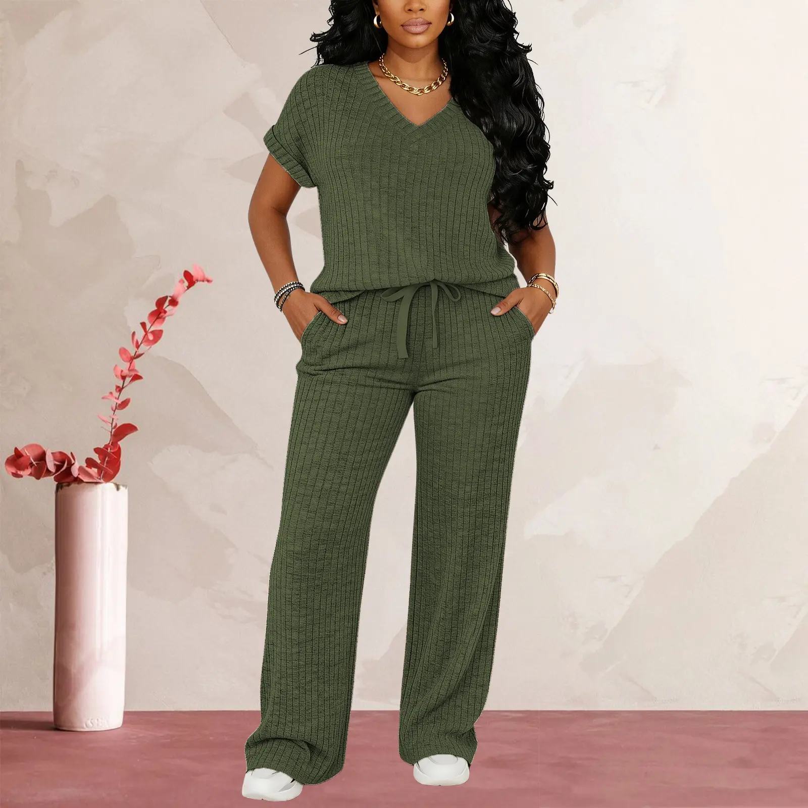 Women’s 2-Piece Ribbed Knit Lounge Set – Soft V-Neck Top & Wide Leg Pants with Pockets