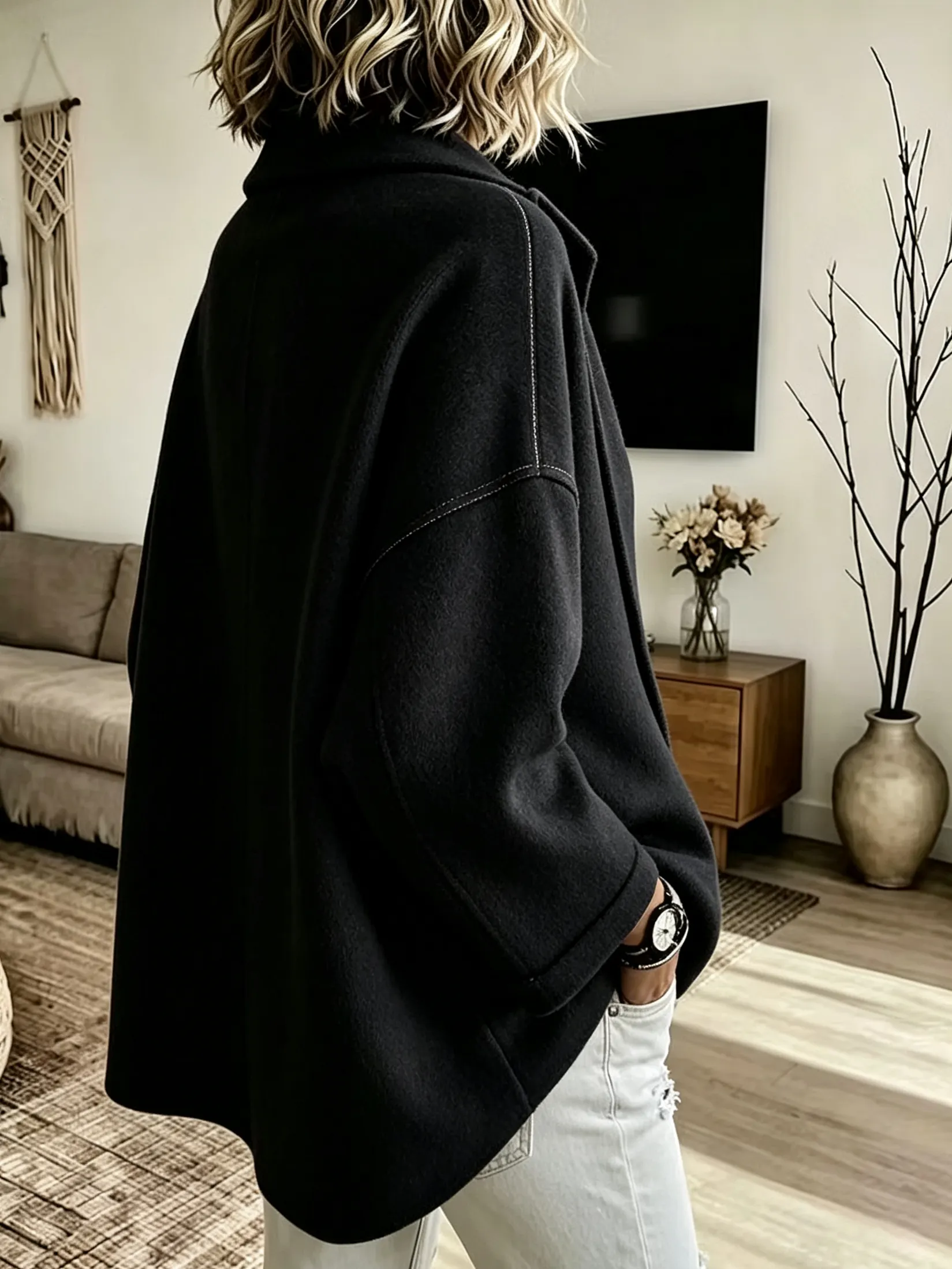 Cozy Asymmetric Button Wool-Blend Wrap Cape Jacket