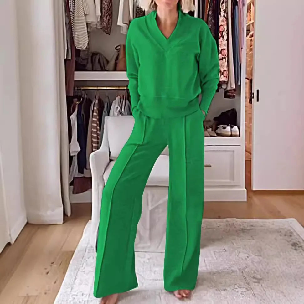 2026 Newly Upgraded Fabric 🔥Women's Solid Color V-neck Top & Pants Two-piece Set