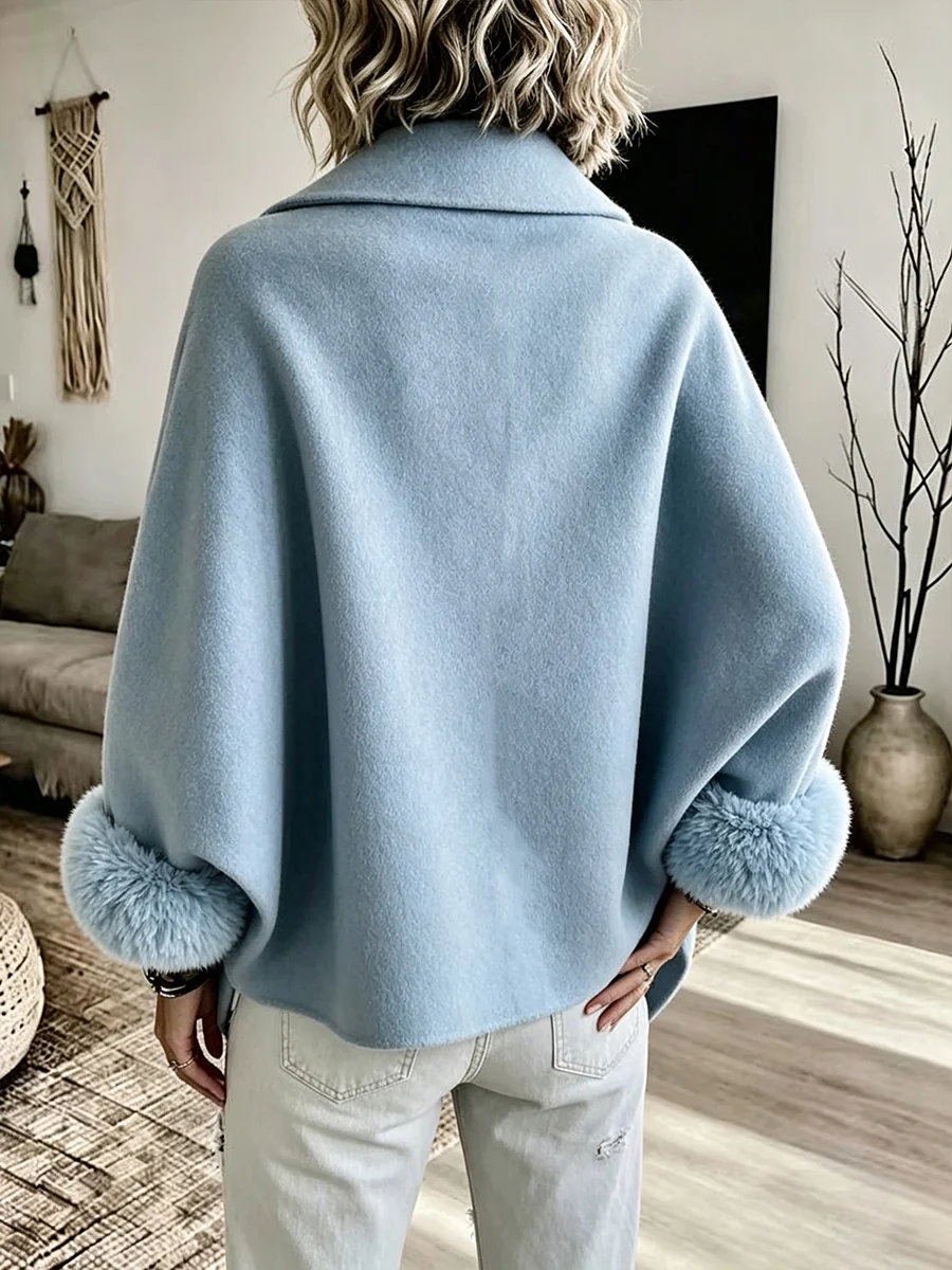 Cozy Asymmetric Button Wool-Blend Wrap Cape Jacket